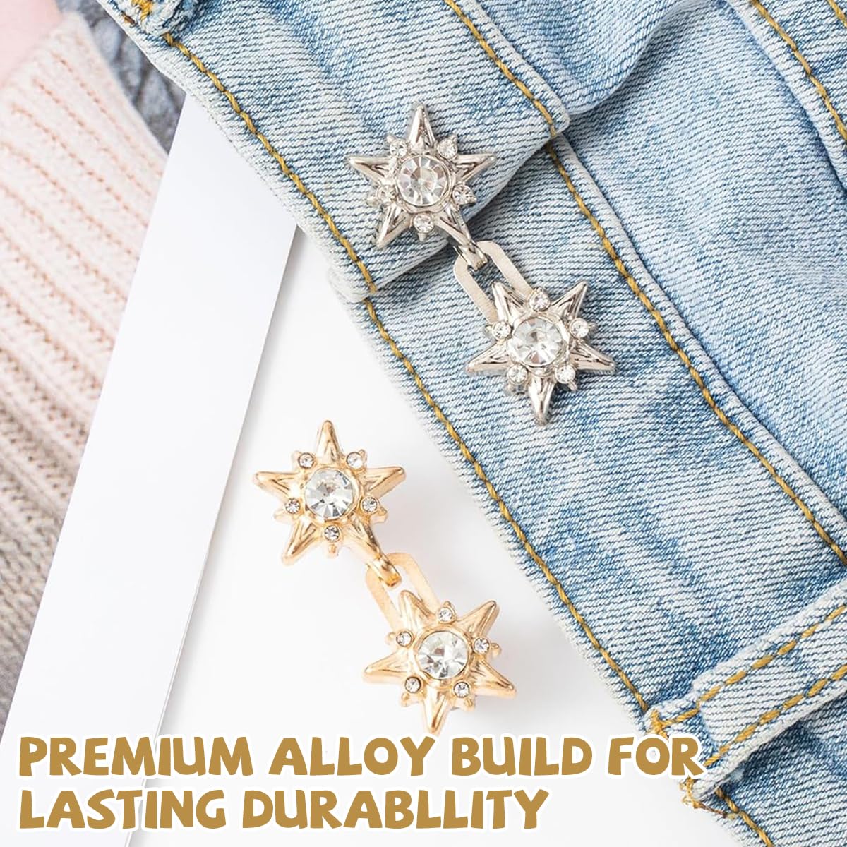 SANNIDHI Jeans Waist Adjusters for Women with Star Rhinestone Buttons 4 Pairs | No Sew Alloy Clips