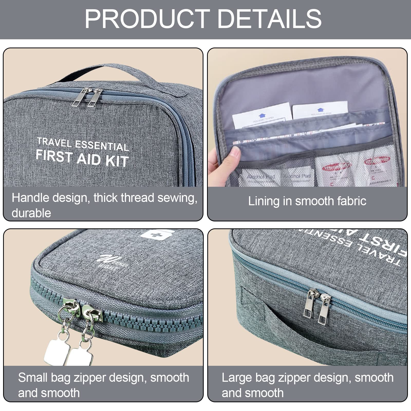 PALAY First Aid Pouch Set for Home Travel and Car with Dual Head Zipper | 600D Oxford Cloth Grey