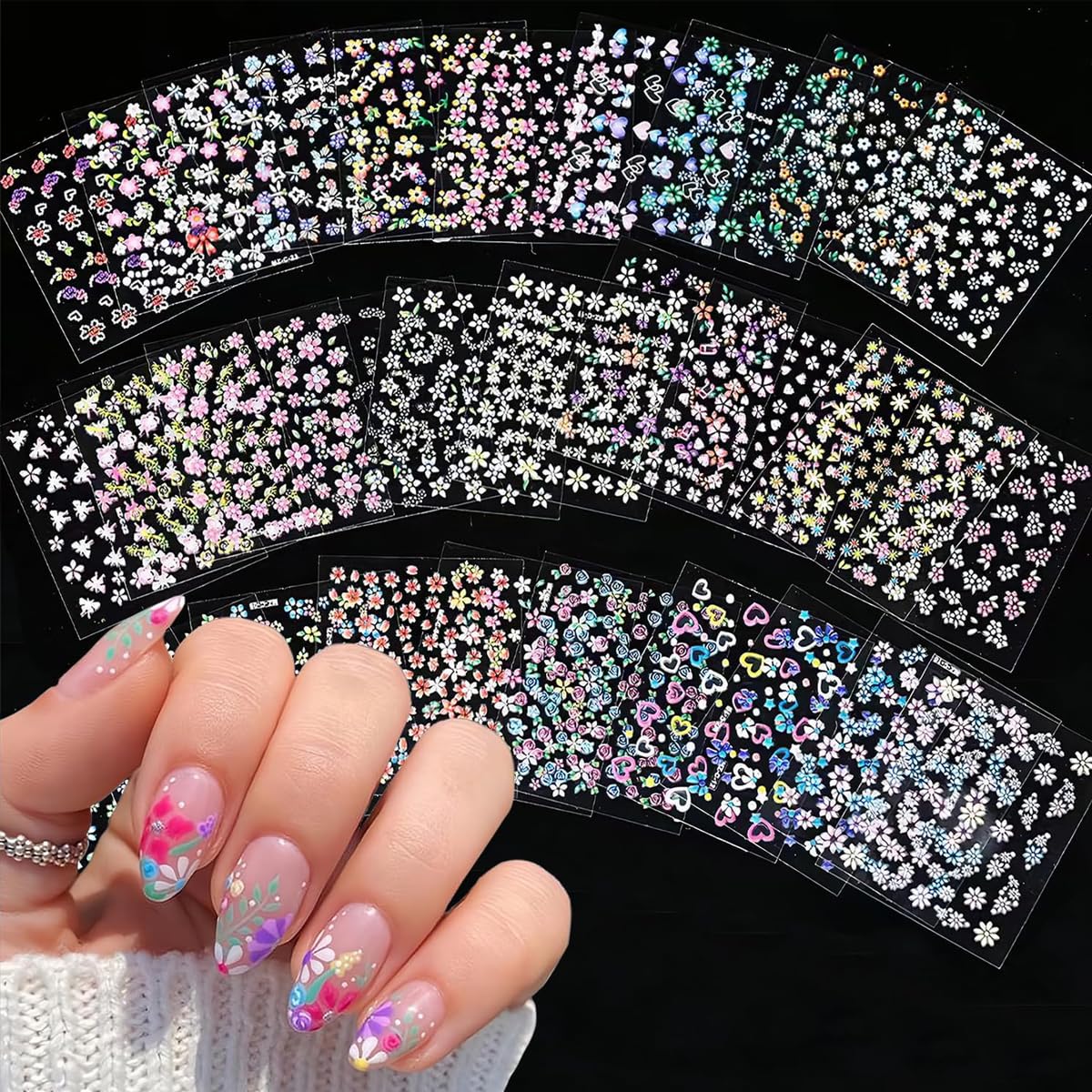 MAYCREATE® Mini Flower Nail Art Stickers 30 Sheet Mini Colorful Daisy Nail Art Stickers for Nail Extension Self-Adhesive Embossing Flower Nail Stickers Nail Art Embellishments DIY Nail Art Stickers