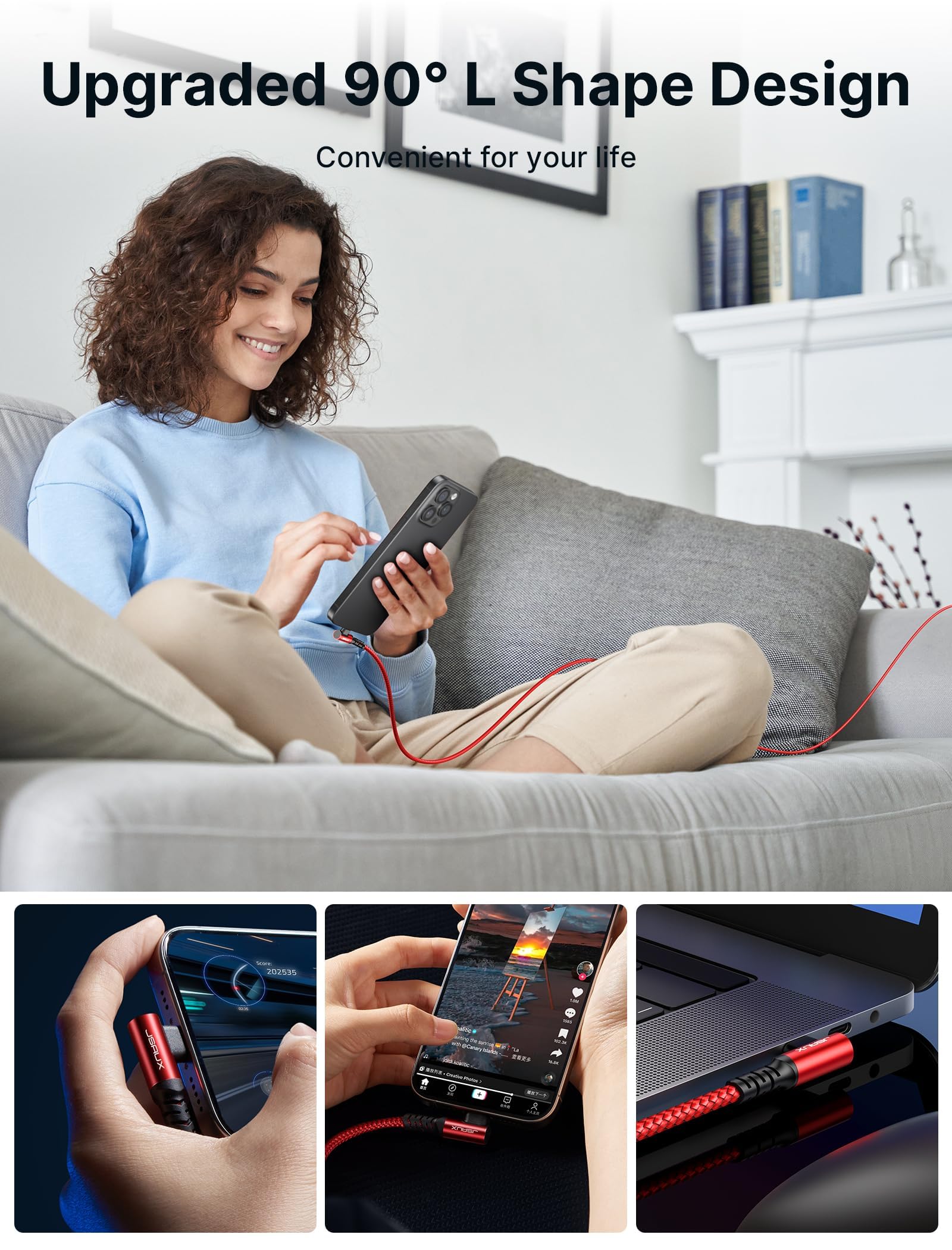 JSAUX USB C Cable for Fast Charging 10FT 100W with Right Angle Connector | Nylon Braided