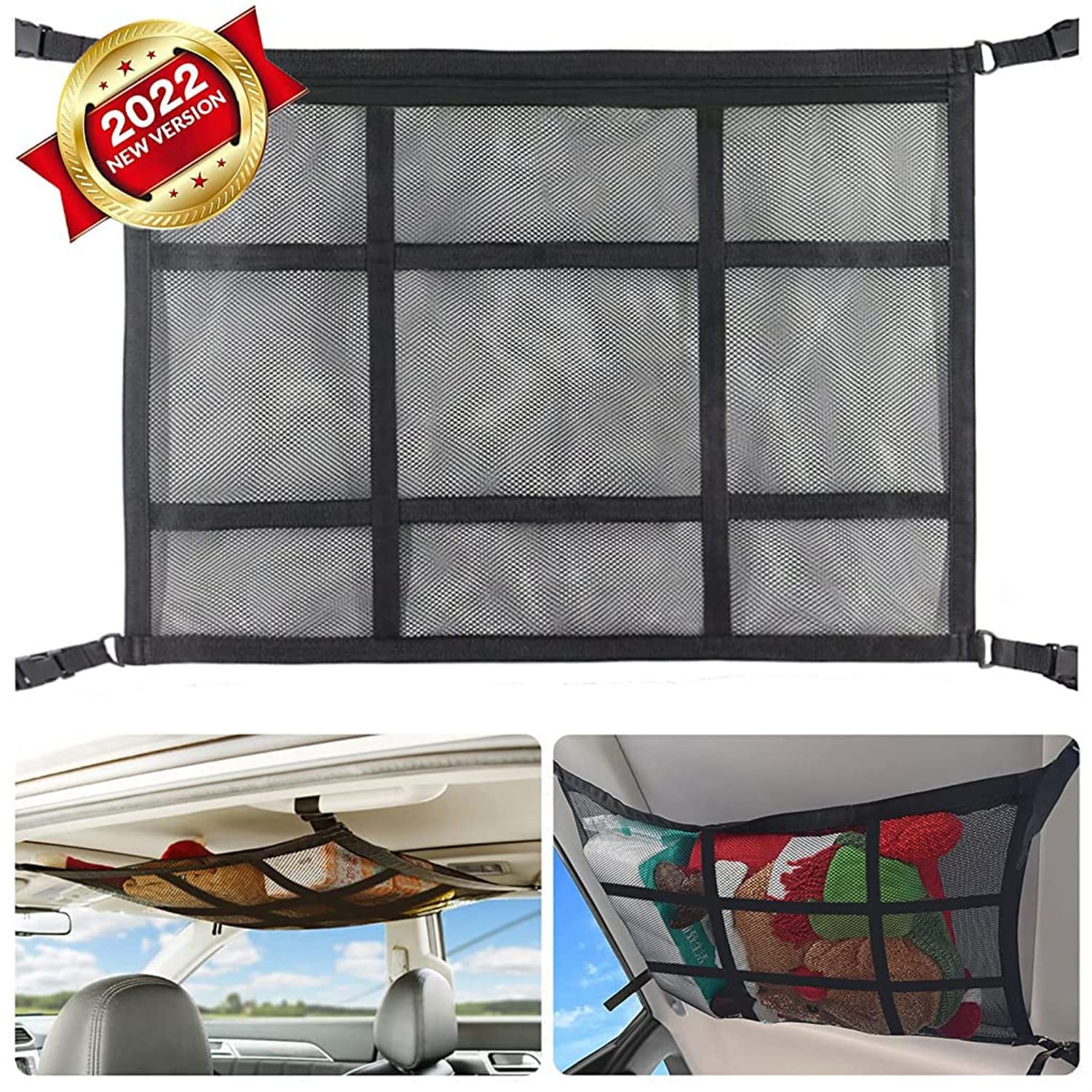 STHIRA Car Ceiling Storage Mesh Net for SUVs and Camping with 9 Straps & Double-Layer Design | 31.5x21.3in Organizer