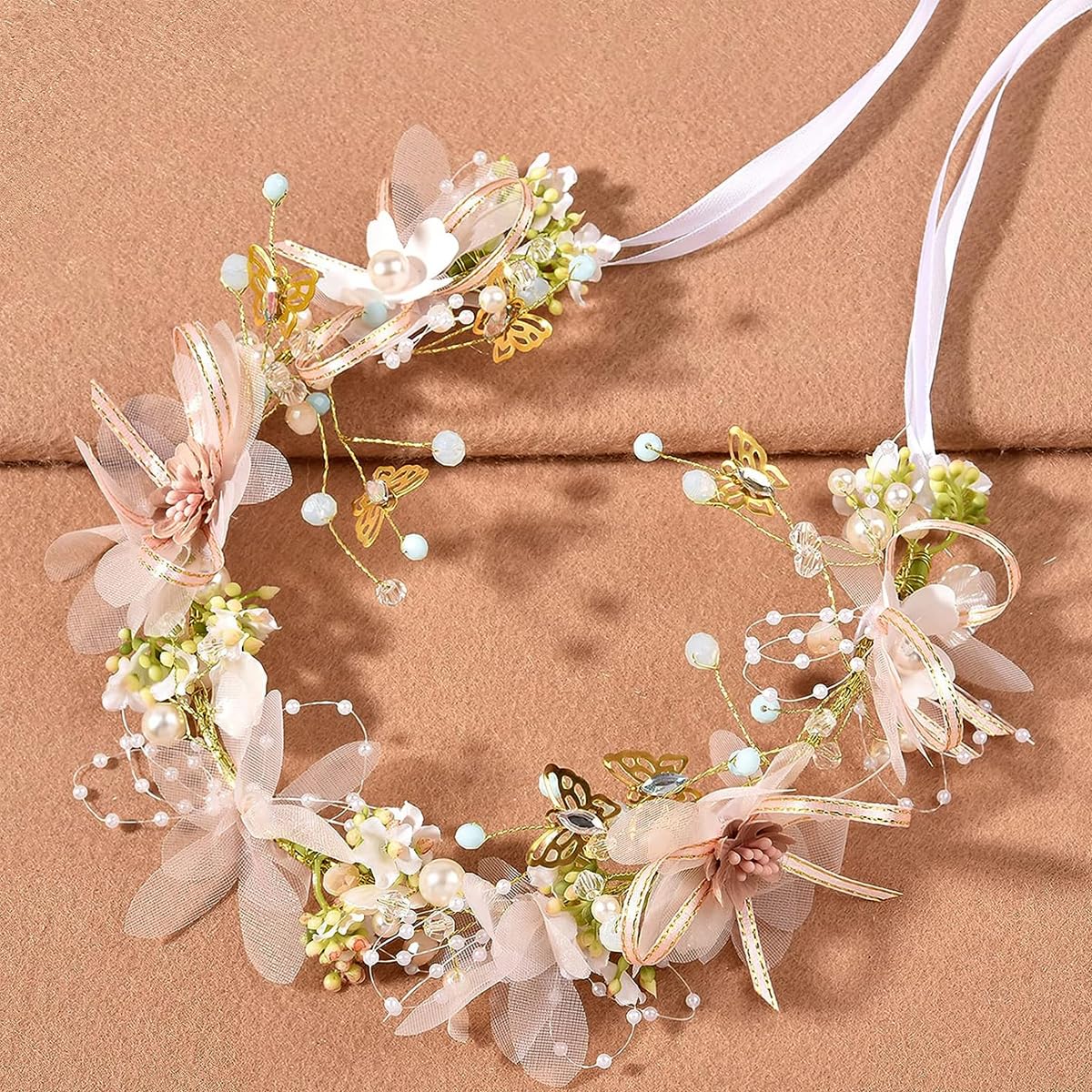 SANNIDHI Flower Crown for Girls featuring White Floral Pearls and Ribbon Fit for Weddings | Elegant Hairband Gift for Women and Kids 8 Years Old+