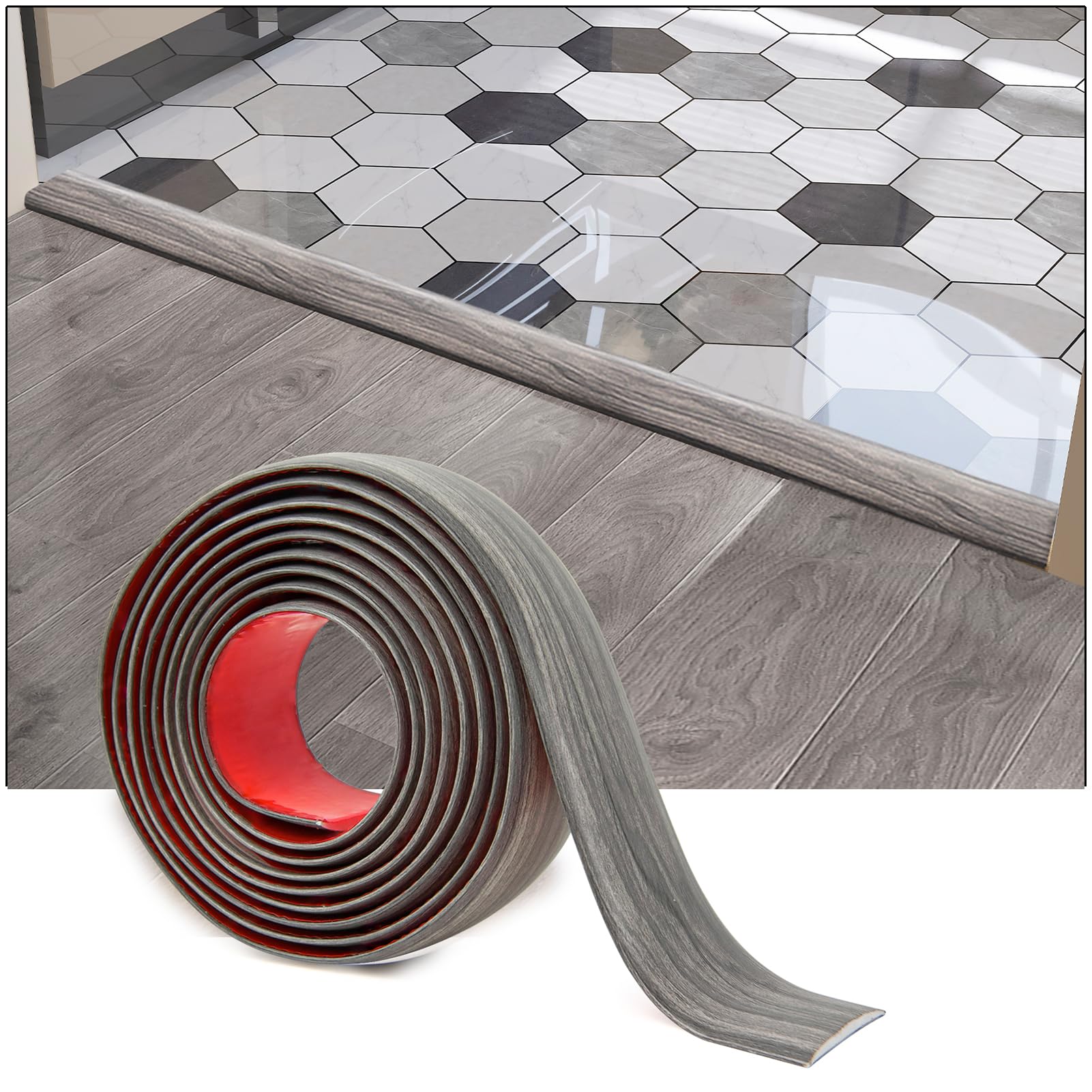 HASTHIP Floor Transition Strip for Joining Floor Gaps with Self Adhesive PVC 47.2 x 1.57 in Gray | Easy Trim Fit