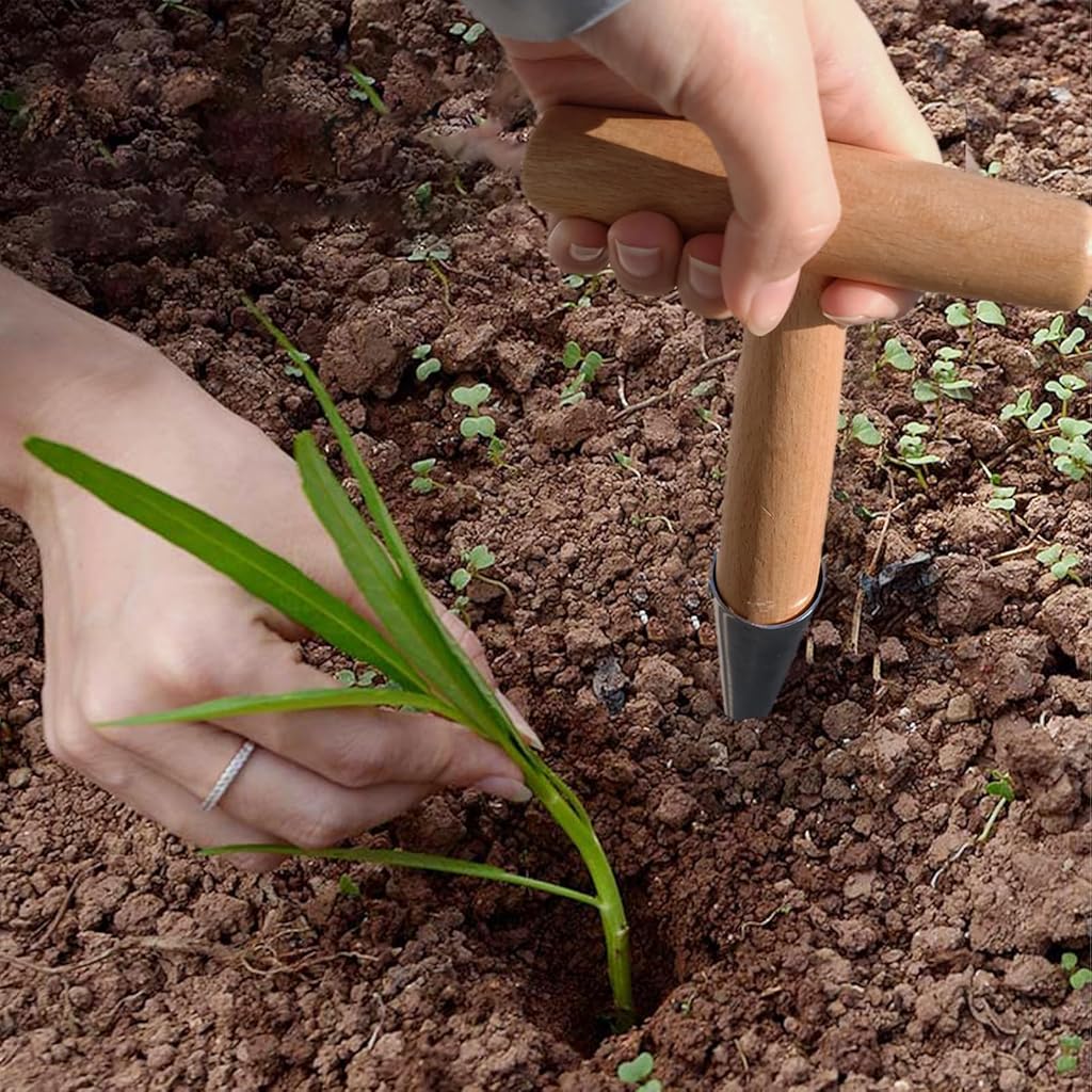 HASTHIP® T-Handle Dibber 10'' Wooden Handle Dibber, Metal Tipped Seed Planter Garden Hole Punch Tool Seedling Hole Maker