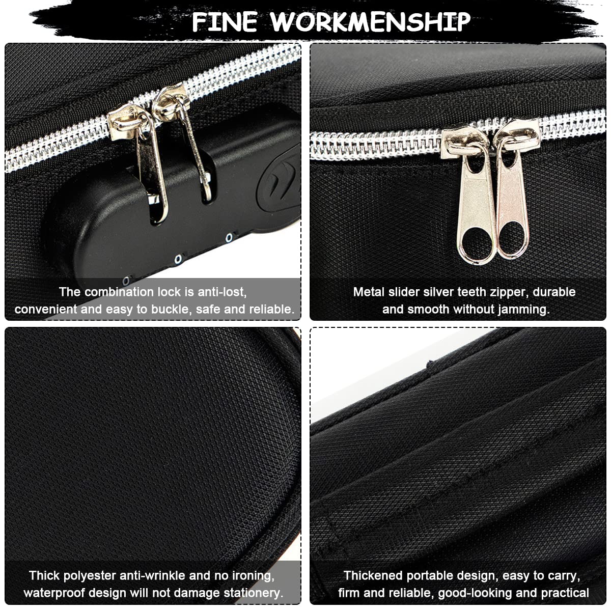 Climberty Canvas Pencil Case for School with 4 Layer Compartments and Combination Lock | Black Waterproof 21.5×9.5×6.5 cm