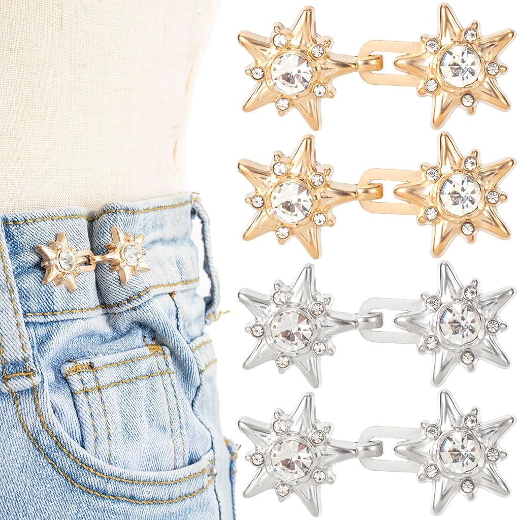 SANNIDHI® 4 Pairs Jeans Waist Adjusters for Women Fashion Star Rhinestone Embellishment Waist Adjusters for Loose Pants, No Sew Removable Side Tabs Waist Adjuster for Pants, Trouser, Skirt, Shorts