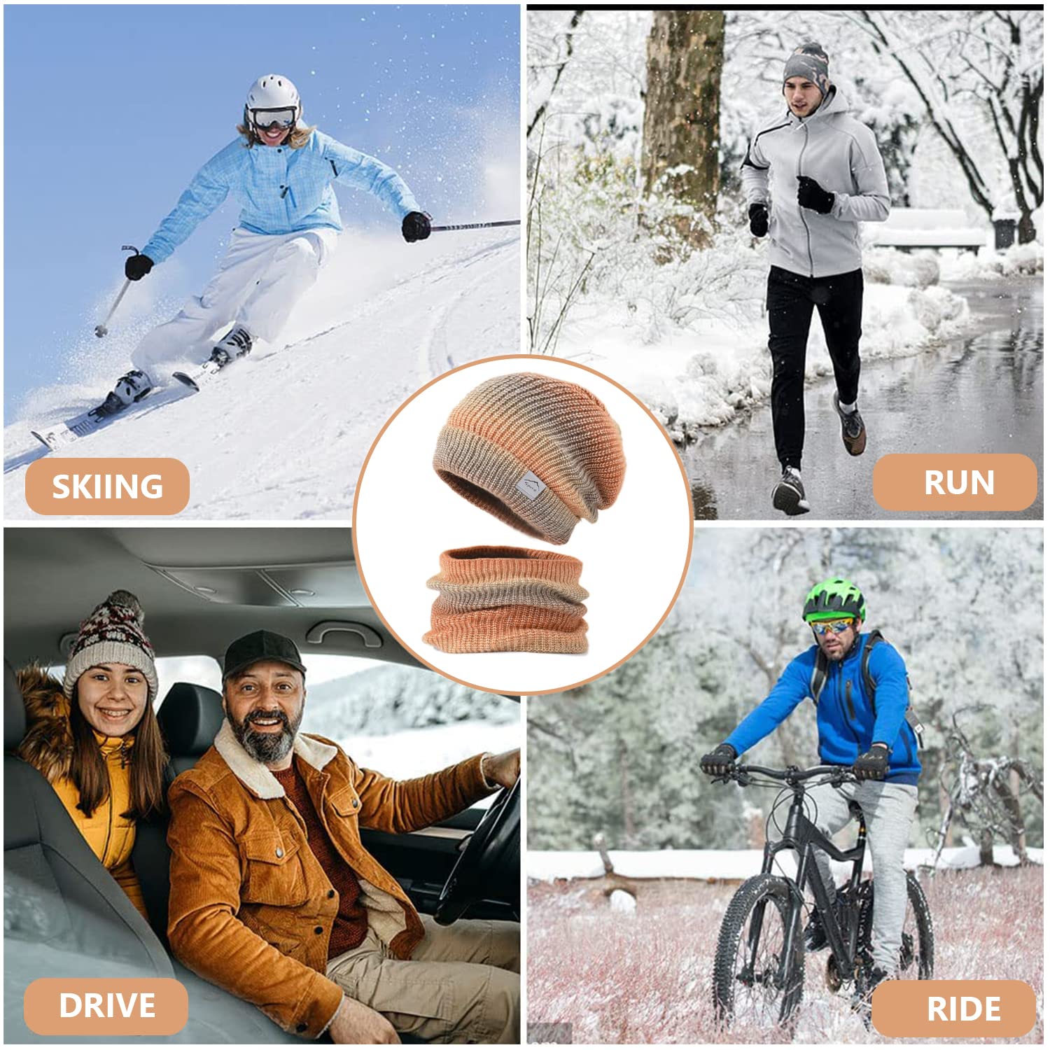 PALAY Winter Cap for Women with Scarf Set for Cold Weather featuring Fleece Lining and Gradient Design | Orange Knitted Acrylic Beanie 25×22cm