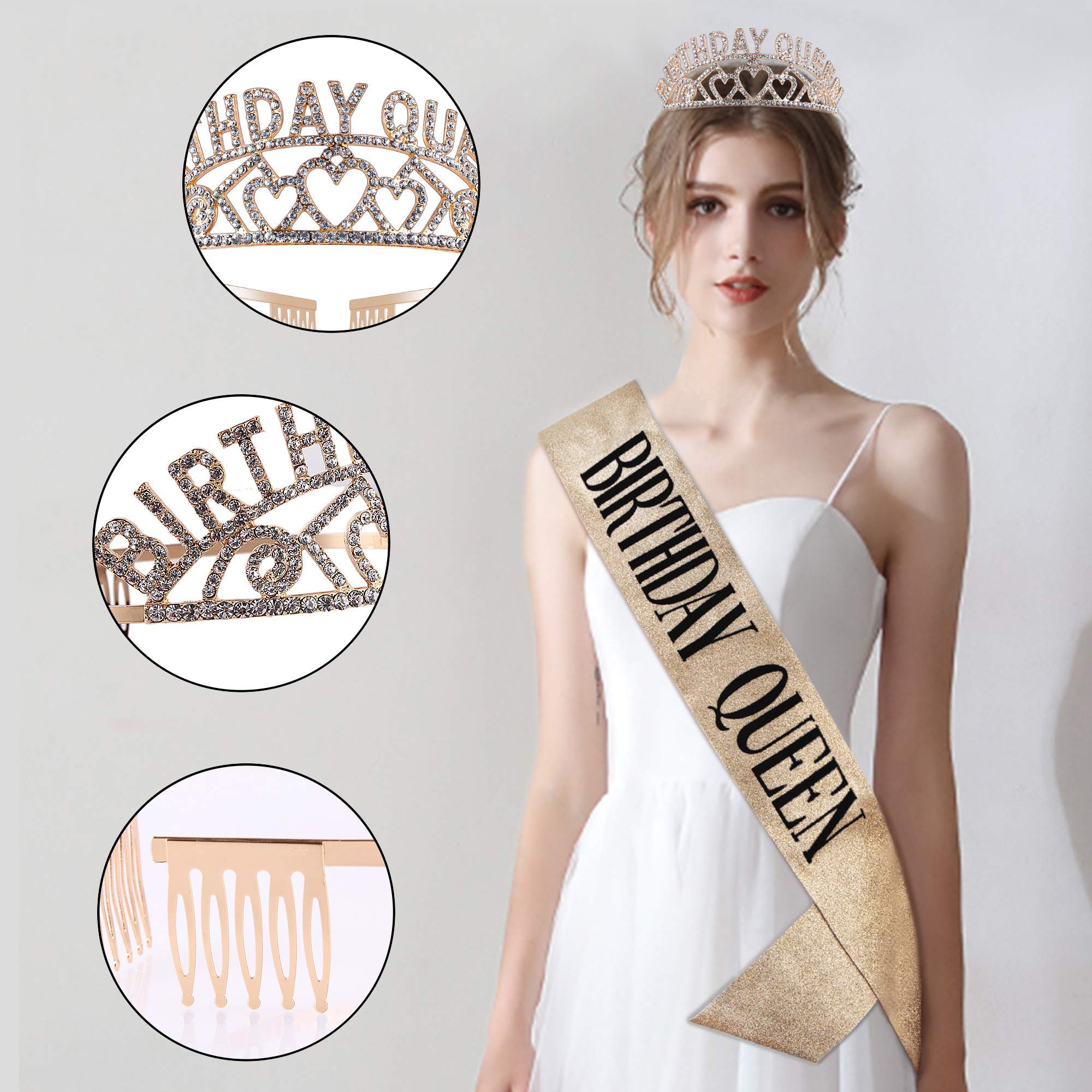SNOWIE SOFT Birthday Queen Tiara Sash Set for Party Celebrations featuring Rhinestone Crown and Satin Fabric | Rose Gold Decorations for Women
