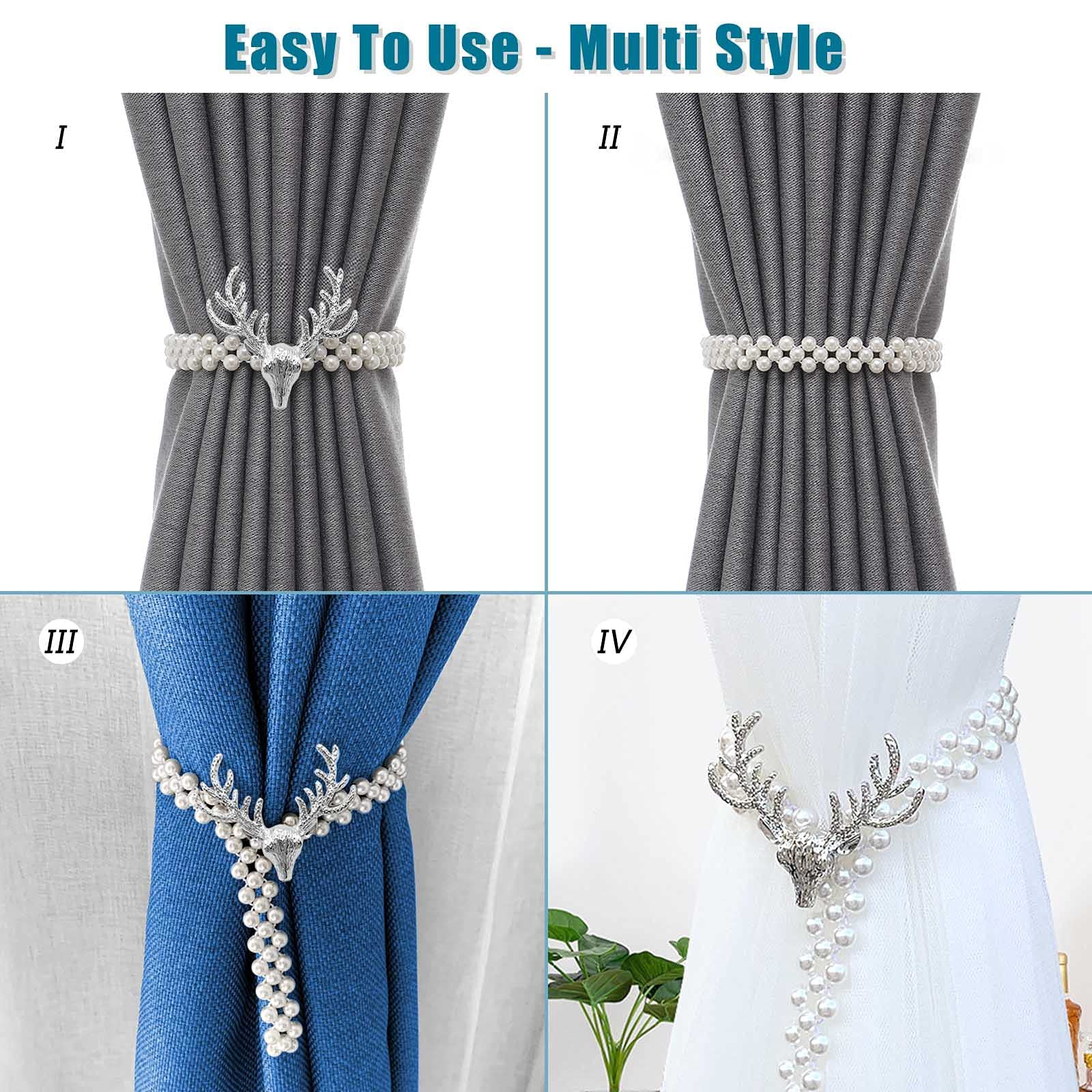 ELEPHANTBOAT® Silver 2Pcs Pearl Elastic Rope Curtain Holders Metal Curtains TieBacks with Classy Small Window Drape Decor for Home,Office,Hotel