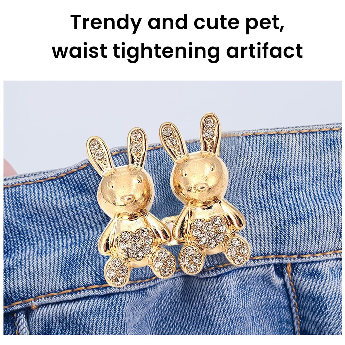 Venzina Adjustable Waist Buckle for Jeans and Pants featuring Detachable Alloy Pins | 4 Sets Cute Rabbit Rhinestone Design