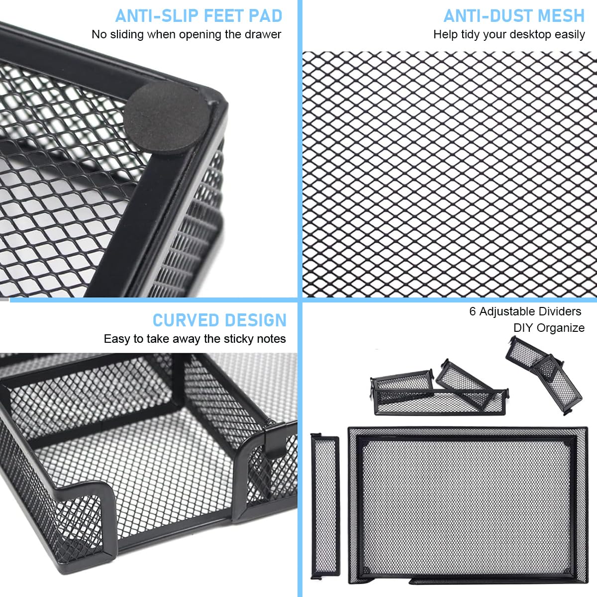 Desk Drawer Organizer Tray for Office and Home with 6 Adjustable Compartments 32x22x4.5cm Metal Mesh Design
