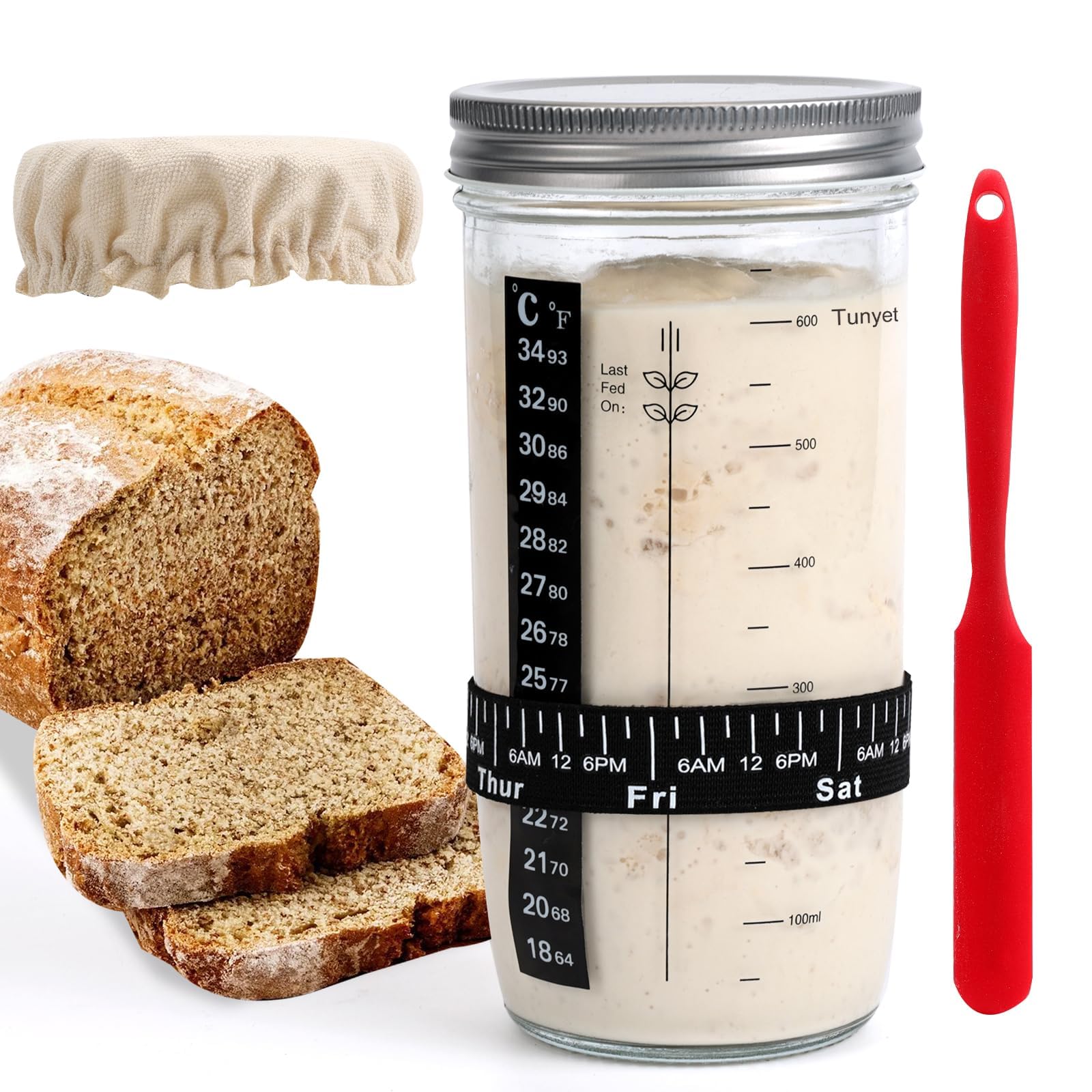 Supvox® 25.6Oz Glass Mason Jar Sourdough Starter Jar Natural Yeast Starter with Scale & Data Tracker and Temperature Tracker Dry Yeast Store Jar, with Silicone Jar Scraper