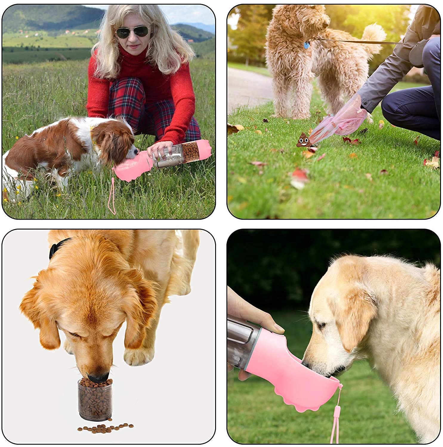 Qpets Dog Water Bottles Portable Leak Proof Dog Water Dispenser with Drinking and Feeding Function Lightweight Pet Water Dispenser for Walking and Travel for Dog, Cat 300ml(Pink)