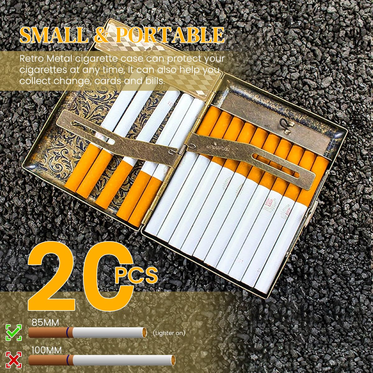 GUSTAVE Metal Cigarette Case for 20pcs Standard Cigarettes with USB Flameless Coil Lighter | Vintage Gift for Men