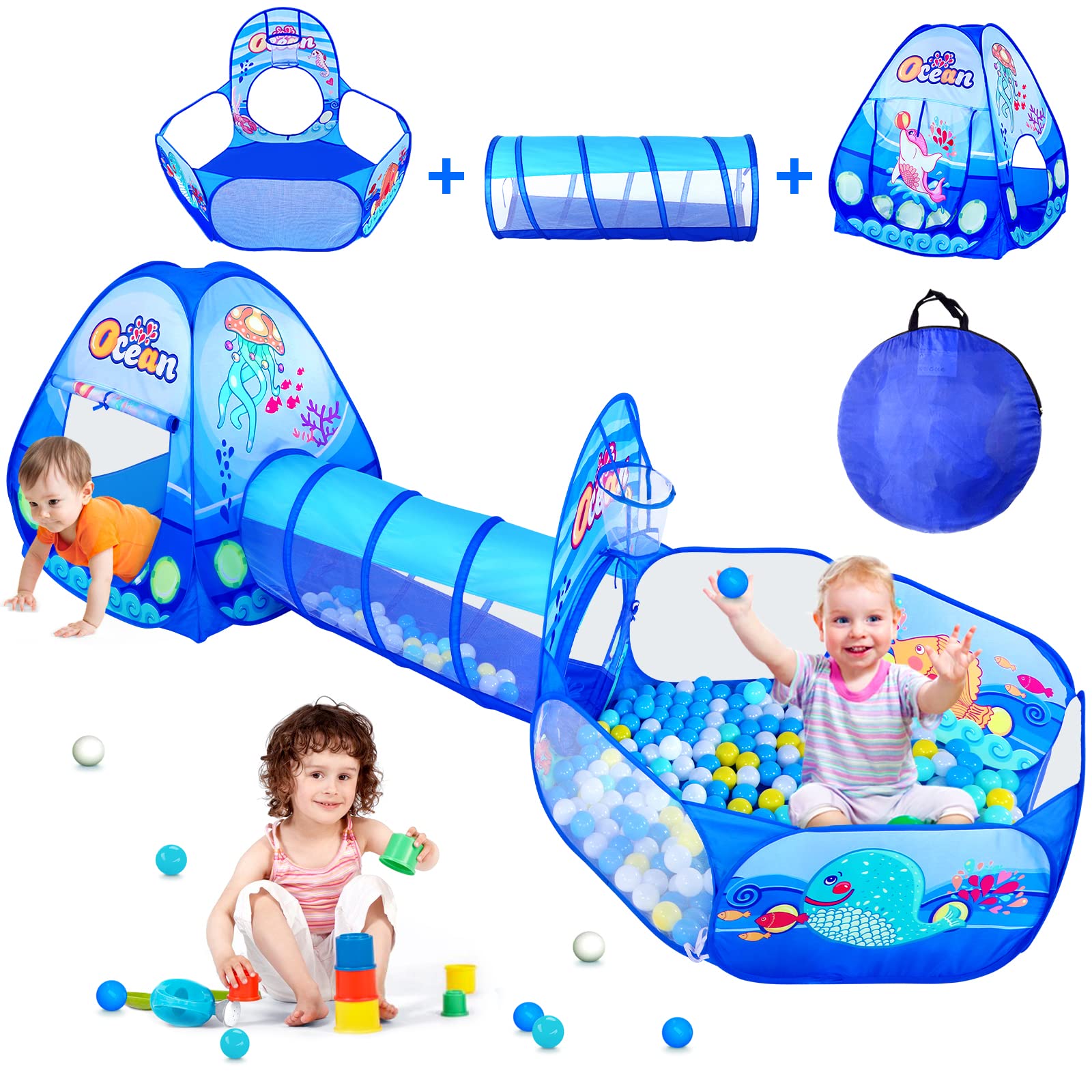 ELEPHANTBOAT® 3 in 1 Ball Pool for Kids,Ocean Theme Kids Play Tent House with Tunnel,Play House Indoor and Outdoor Toys,Gifts for Kids,Boys and Girls,Note Balls Not Included