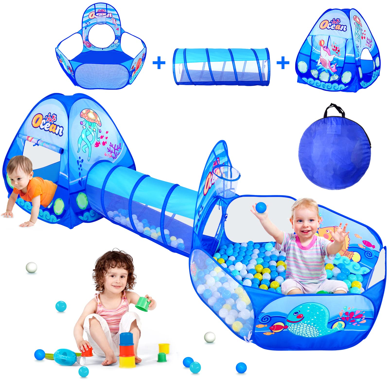 PATPAT 3 in 1 Marine Theme Play Tent for Kids with Tunnel and Ball Pool | Indoor Outdoor Toy
