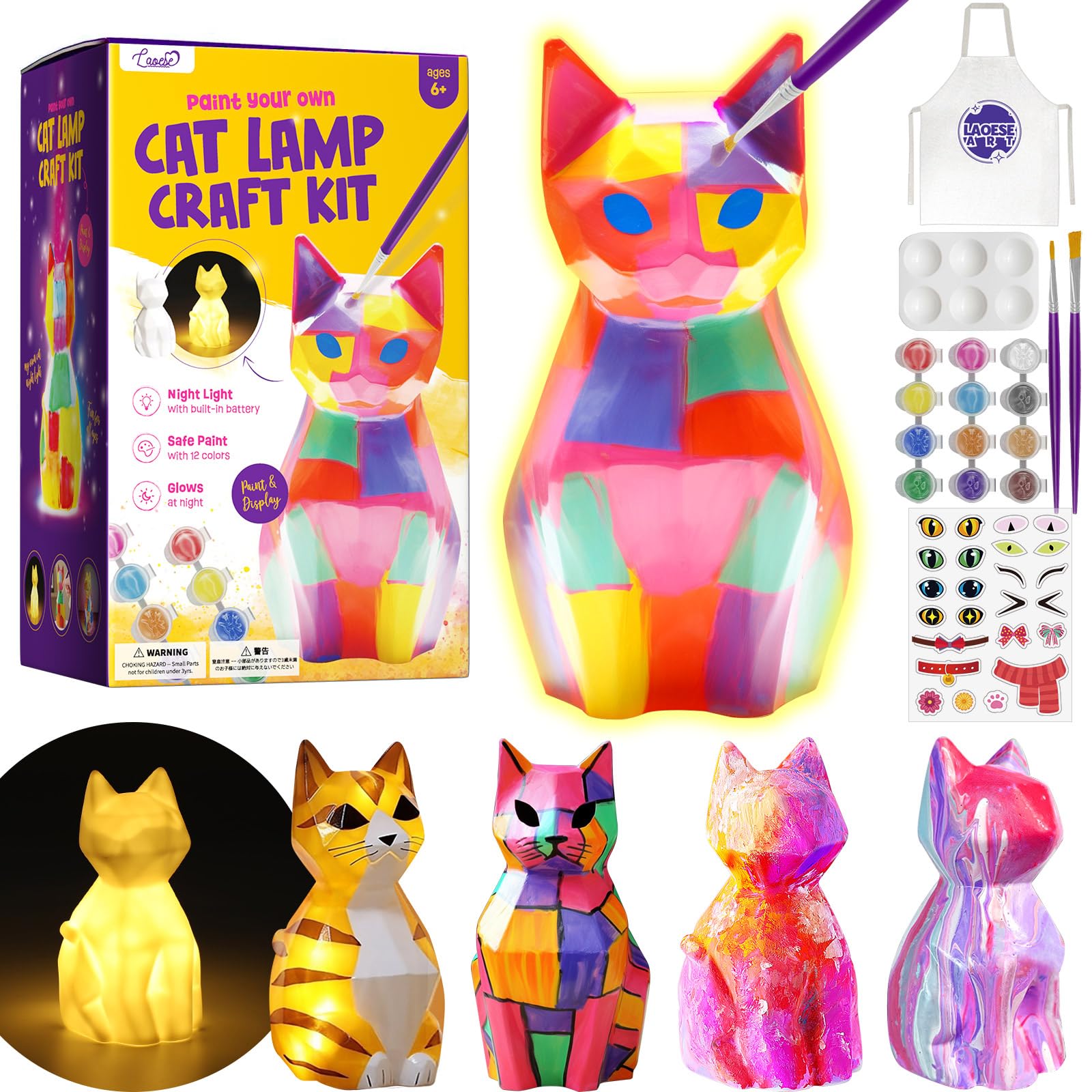 PATPAT® Paint Your Own Cat Lamp Kit, Arts and Crafts for Kids Ages 8-12