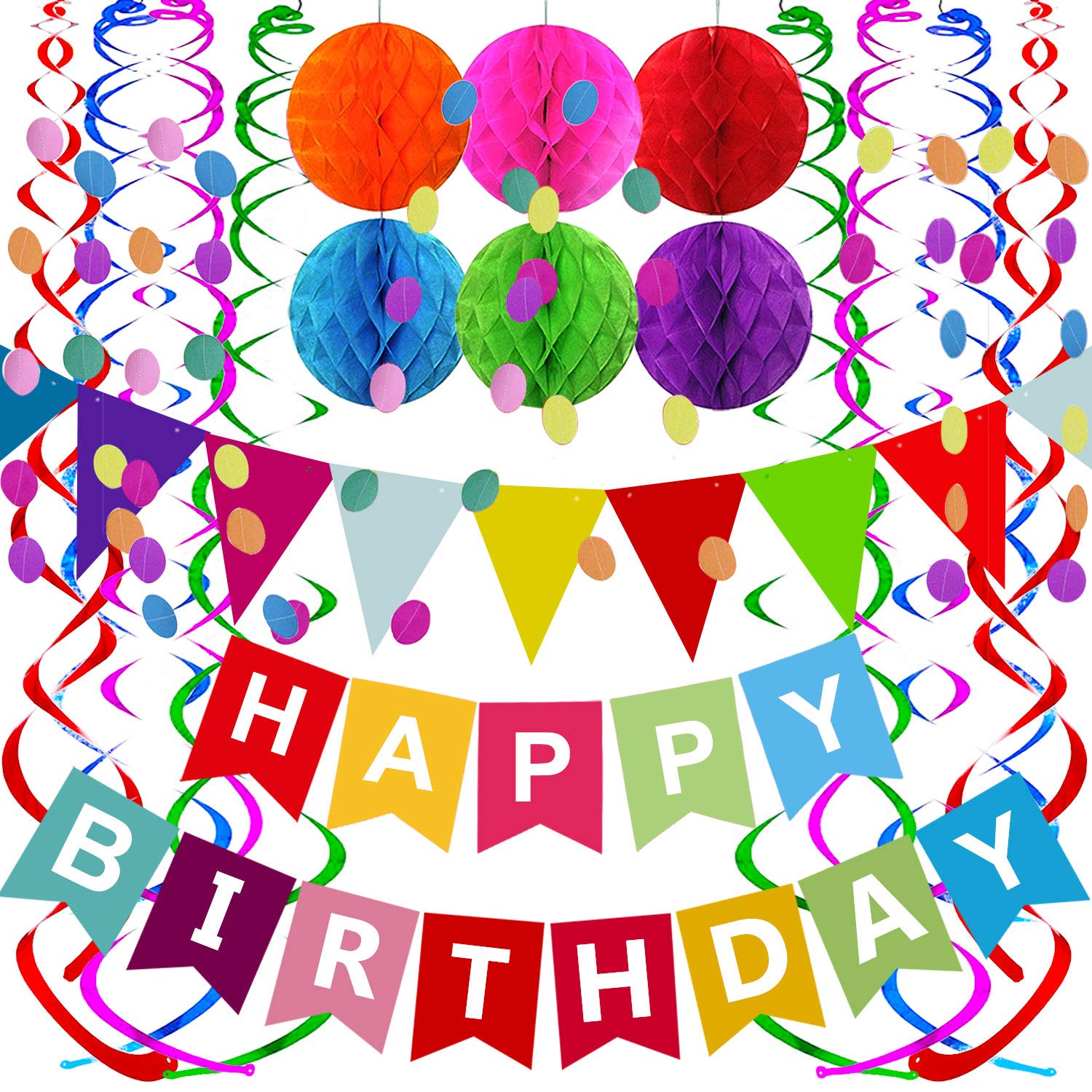 HASTHIP® Colorful Happy Birthday Banner with Paper Flag Bunting, Confetti Garland, Swirl Streamers, Honeycomb Ball Decoration Shower Party Decoration