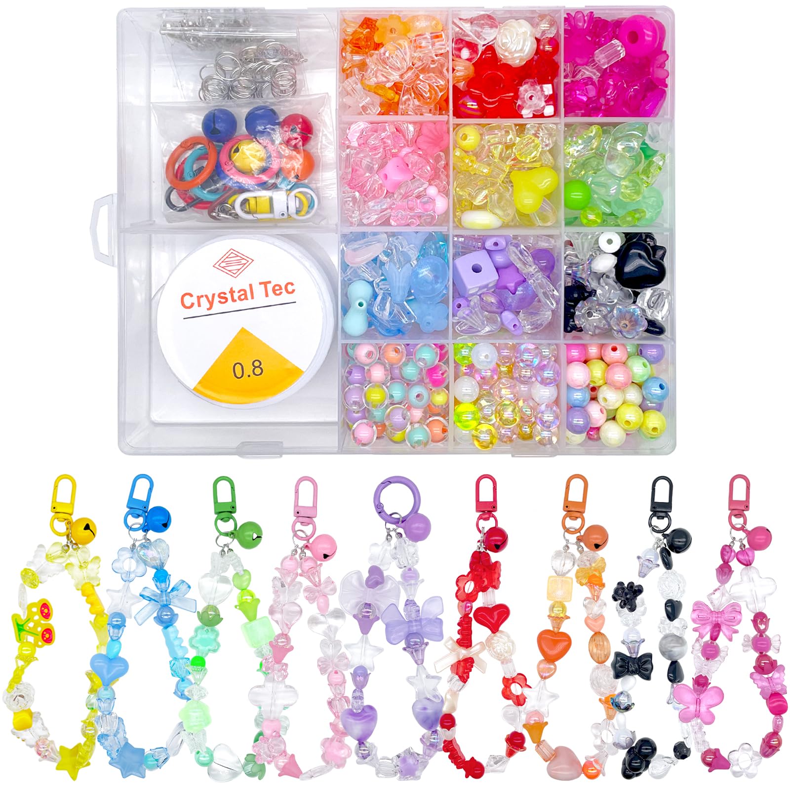 SANNIDHI® 750Pcs DIY Crafting Beads Kit for DIY Beaded Phone Chain Assorted Color Acrylic Beads & Charms Kit with Clasps, Crystal Lines, Jump Rings, Ideal for Bracelet Making, Bag Charm, Phone Charm