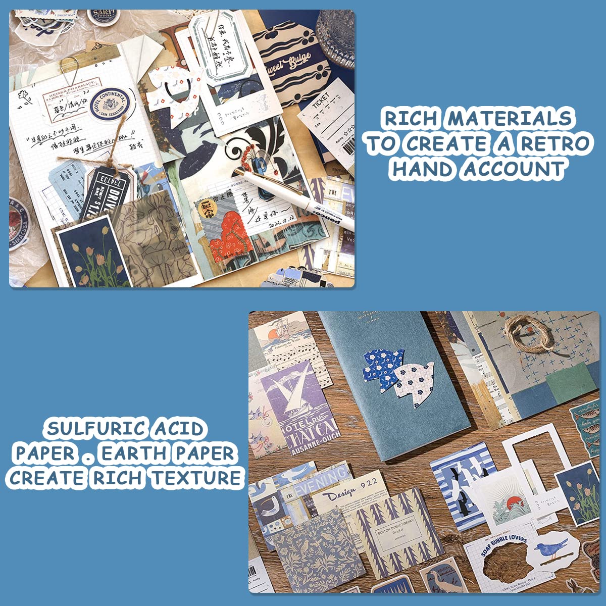 HASTHIP Scrapbook Stickers Kit for Journaling with 84 Paper Pieces including Notebook and Frames | Blue Vintage DIY Supplies