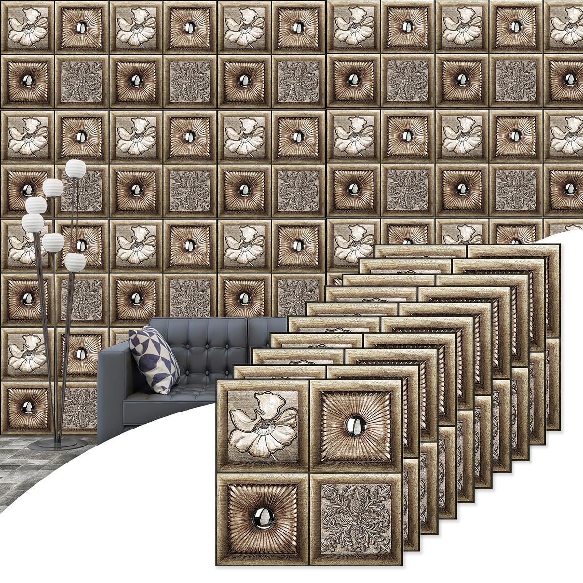 HASTHIP 3D Wall Stickers for Home Decor with 6pc 27.5 in Square Beige Wood Texture Panels