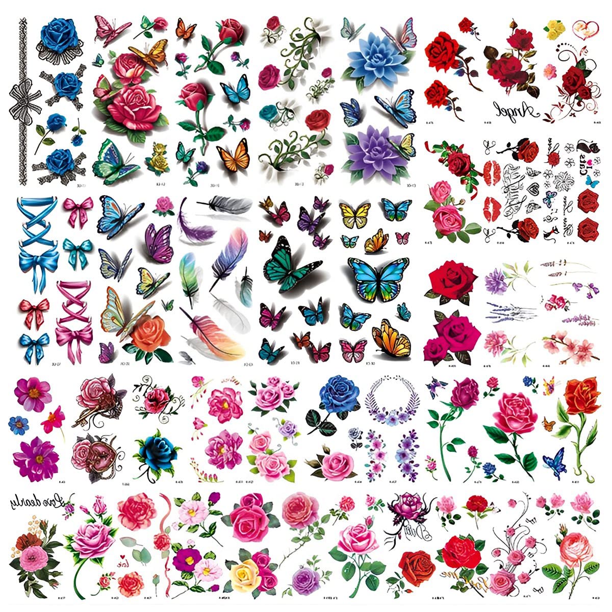 MAYCREATE® 40 Sheets Waterproof Temporary Tattoos Sticker for Women Color Flowers Tattoo Sticker Temporary Tattoos Stickers Roses Butterflies Assorted Tattoo Sticker for Arm Multi