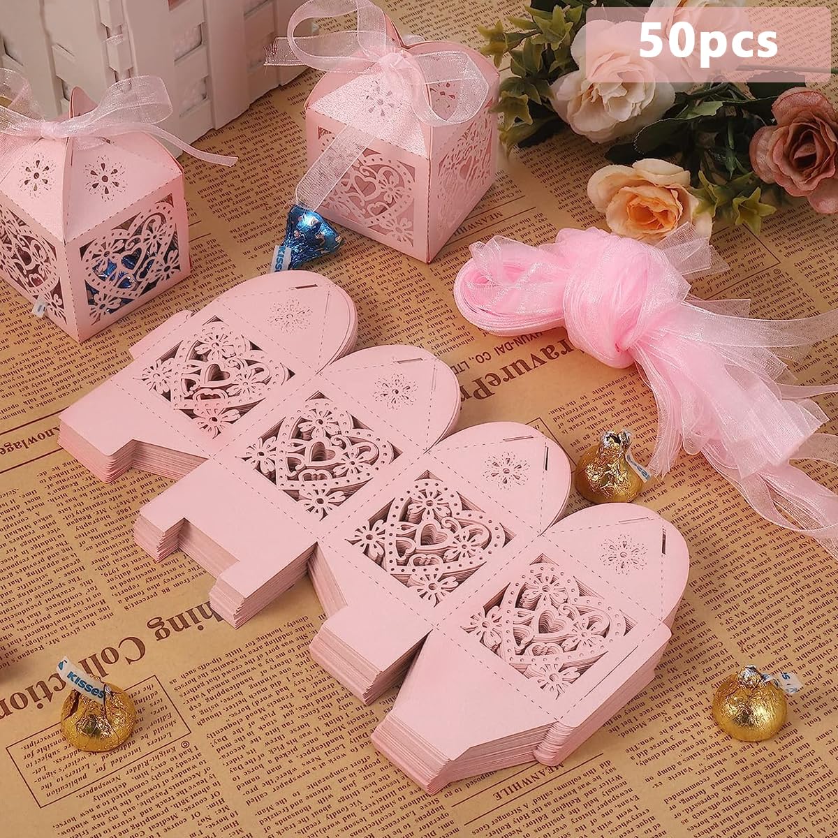 HASTHIP Wedding Favour Boxes for Gifts and Sweets featuring Hollow Cut Design | 50PCS 5x5x7cm
