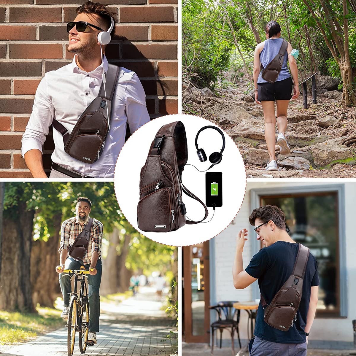 GUSTAVE Crossbody Bag for Travel and Commuting featuring USB Vent | Waterproof PU Leather 6.69×3.54×13.78 in