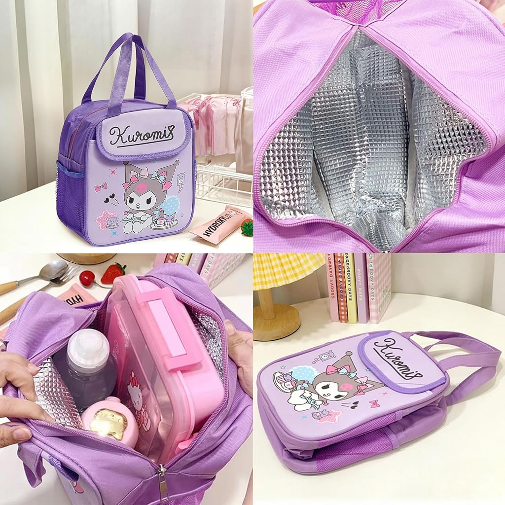 HANNEA® Insulated Lunch Bag Kawaii Cartoon Kuromi Lunch Box Bag Handbag Bento Bag School Lunch Bag for Girls Picknic Food Bag, 20x13.5x23cm