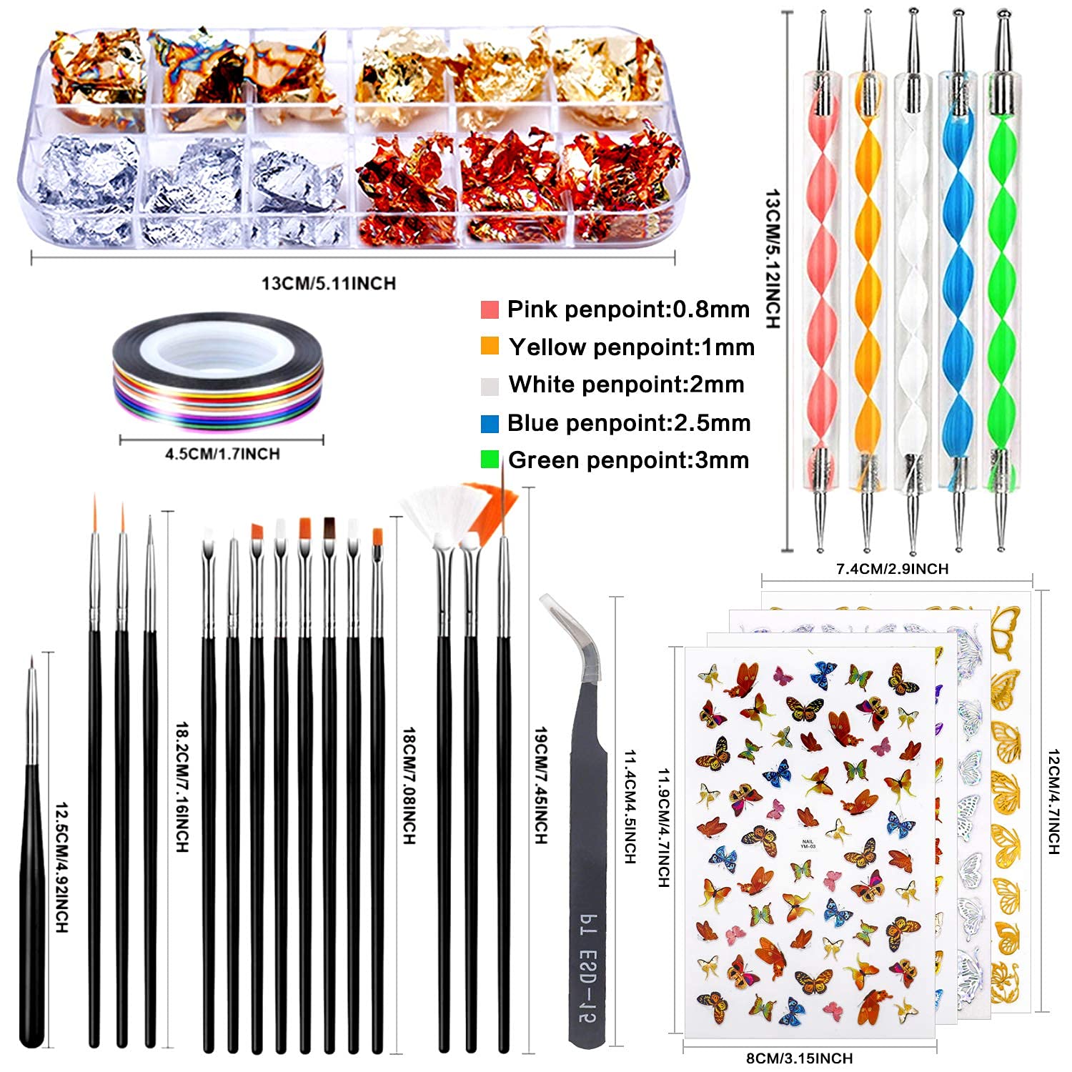 MAYCREATE  3D Nail Art Stamping Kit, 3D Nail Art Tools with Pen & Brush Painting Polish Design Kit Nail Art Stickers Nail Foil Tape Strips and Nails Art Rhinestones