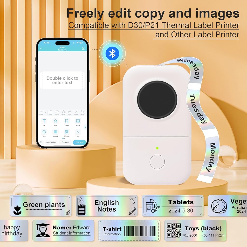 Zeitel® Mini Label Printer Machine Adhesive Sticker 480PCS/roll 12x40mm Thermal Paper Compatible with D30 Portable Tapes for Office Holographic Silver