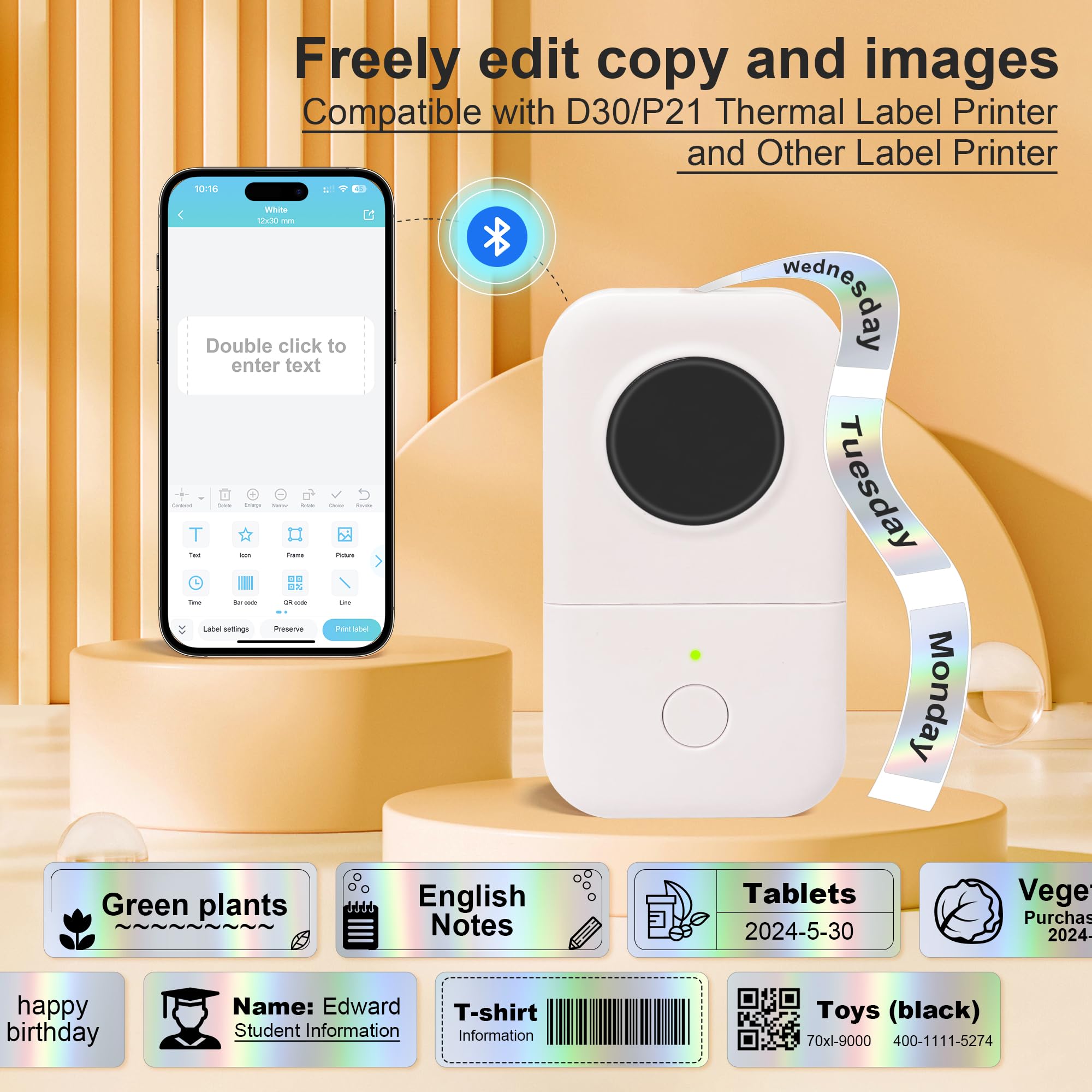 Zeitel Mini Label Printer Machine for Office Use with 480 pcs 12x40 mm Adhesive Holographic Silver Stickers | Compatible with D30 Thermal Paper