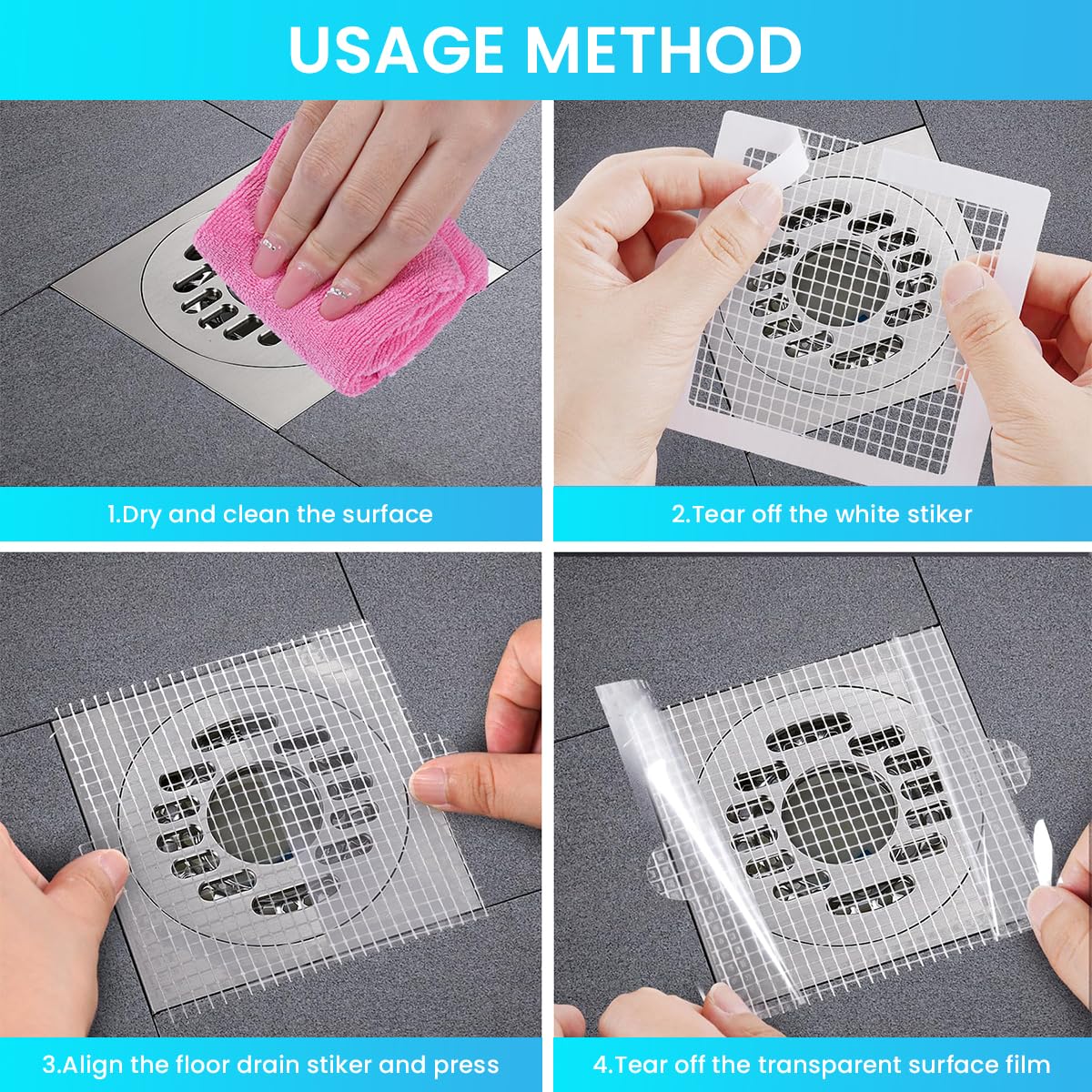 HASTHIP® 10Pcs Drain Hair Catcher Self Adhesive Shower Drain Hair Catcher, Disposable Hair Catcher with Side Grips Shower Drain Mesh Hair Catcher Reusable Hair Trap for Shower Drain, 15x15m