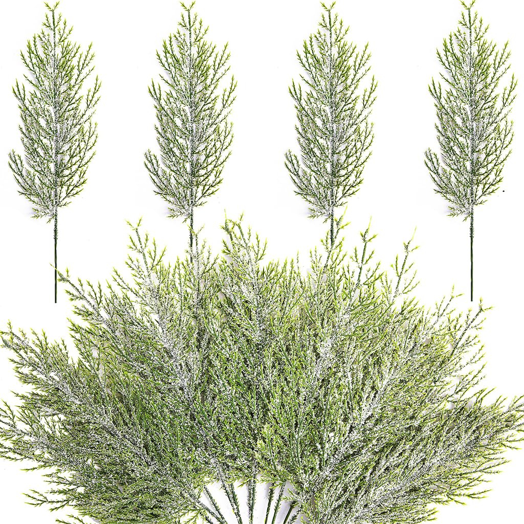 HASTHIP Artificial Snow Frosted Pine Branches for Christmas Decor with Bendable Stems | 24PCS 13.7 in