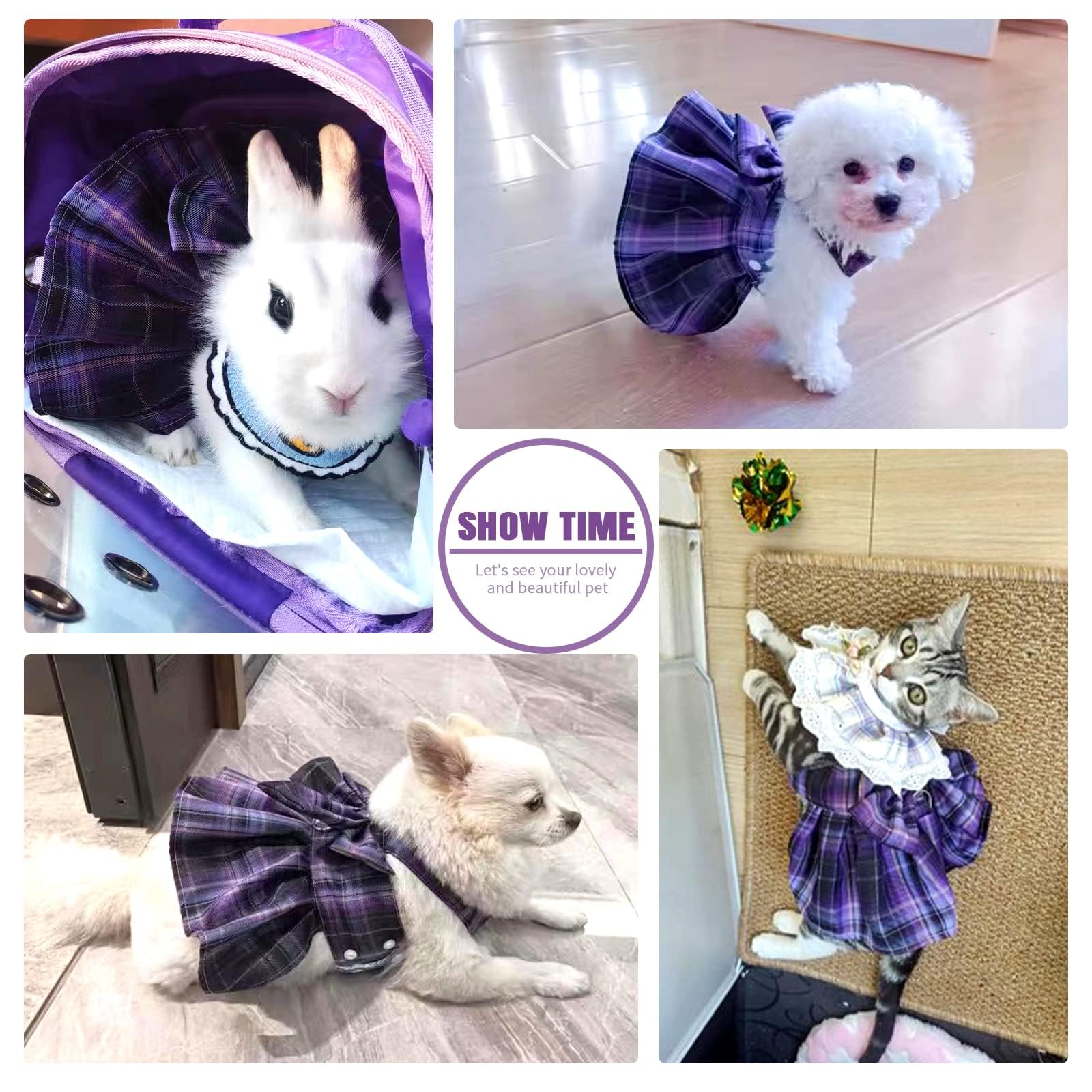 Qpets Dog Cat Dress for Daily Walking with 1.5m Leash and D Ring | Purple Plaid Bow Tie Skirt M