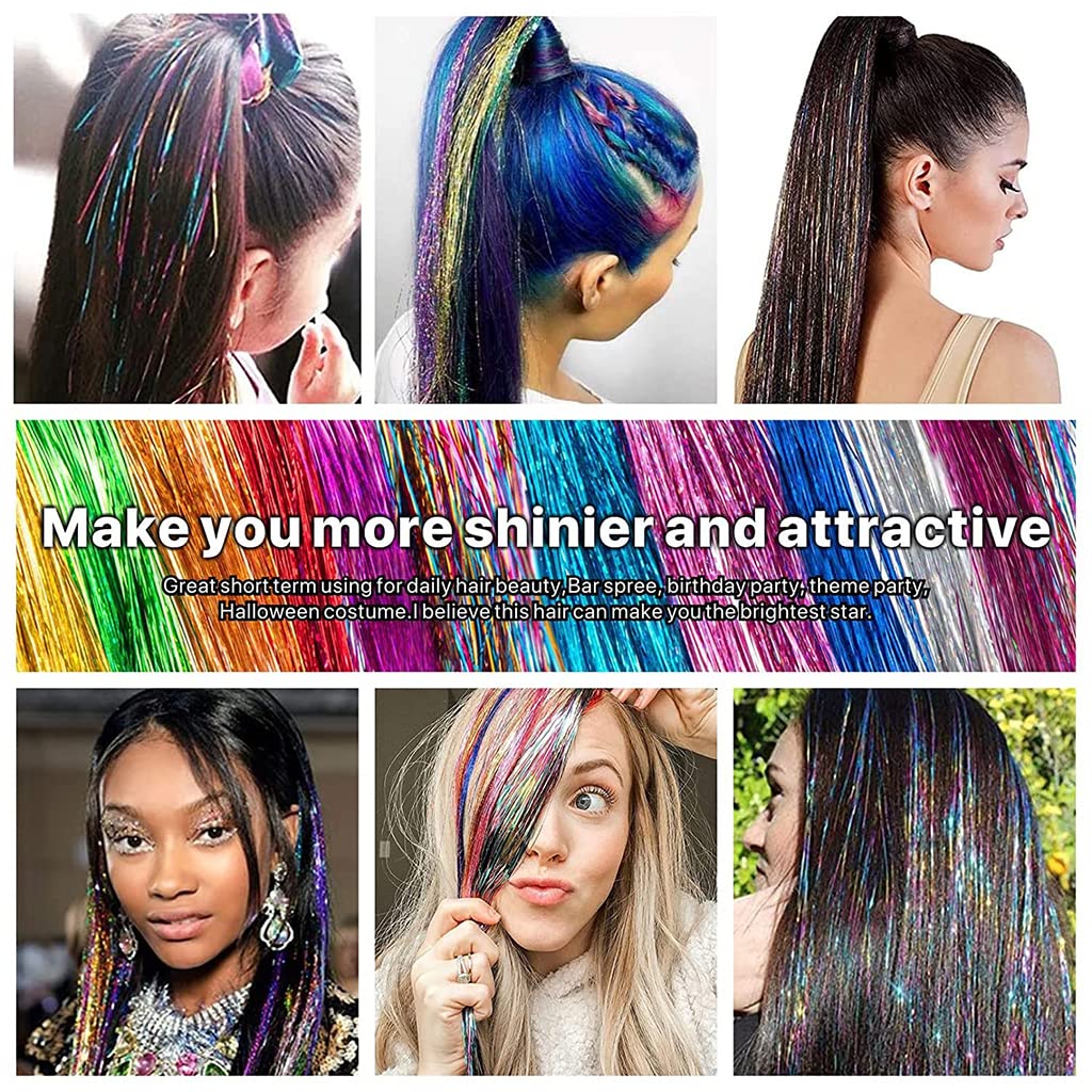 MAYCREATE Hair Tinsel Extensions Kit for Party Styling with Tools and 47 in 3200 Strands | 16 Colors