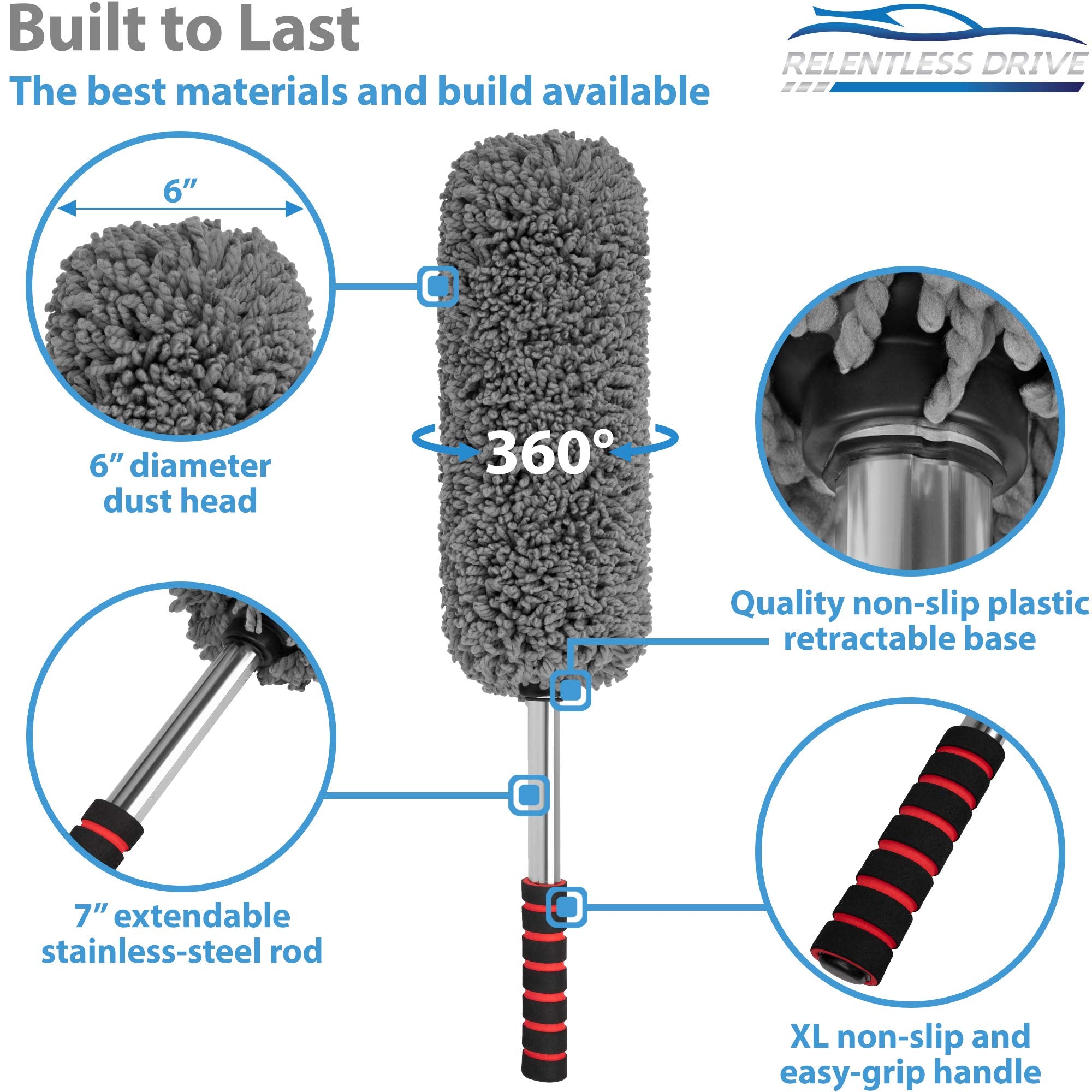 Supvox Extendable Microfiber Car Duster for Wet and Dry Cleaning with 21.6–34.6 in Stainless Steel Handle and Foam Grip | Compact Storage Bag Included