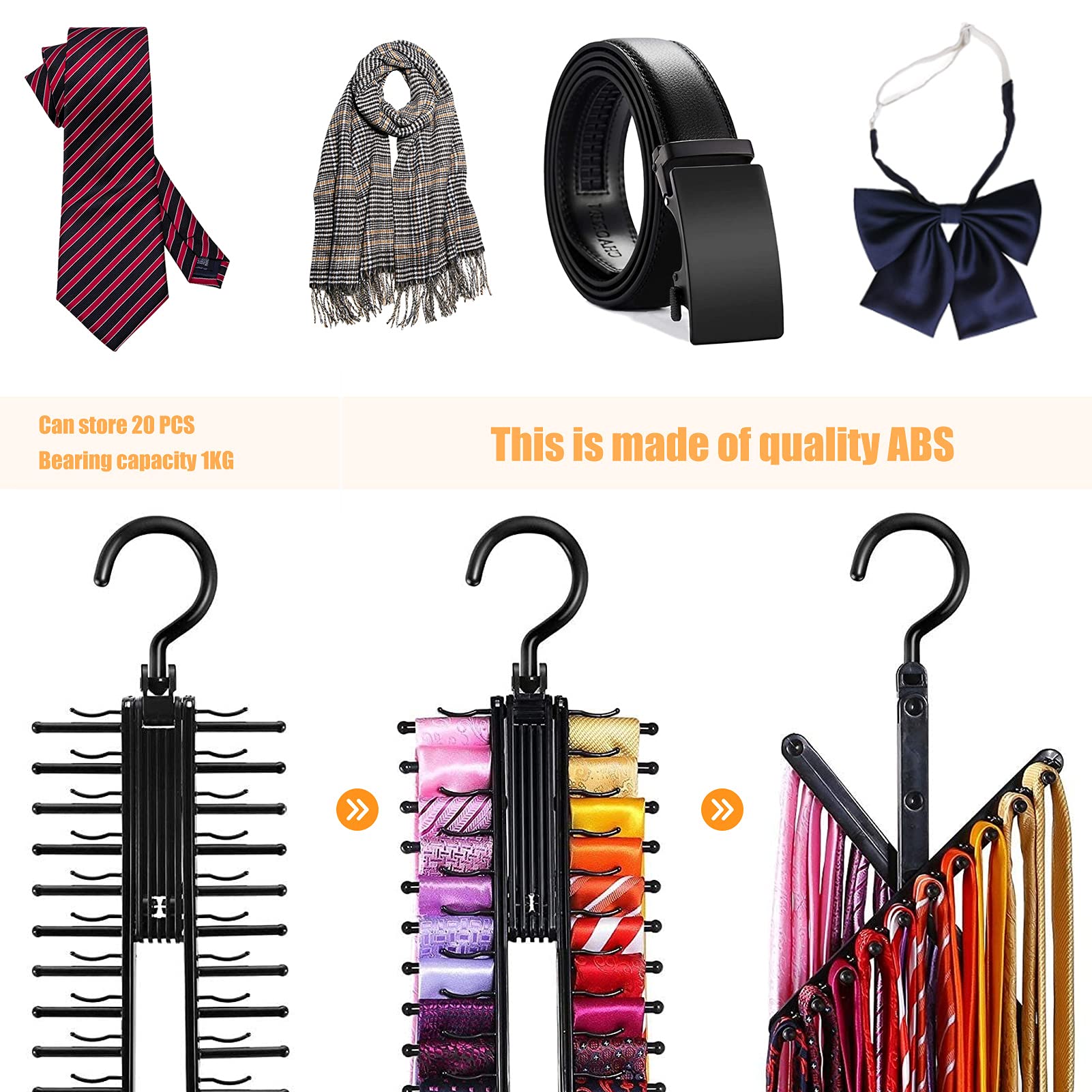 ZIBUYU Hanger for 20 Tie Organizer with 360 Degree Rotating Rack and Non Slip Clips for Closet