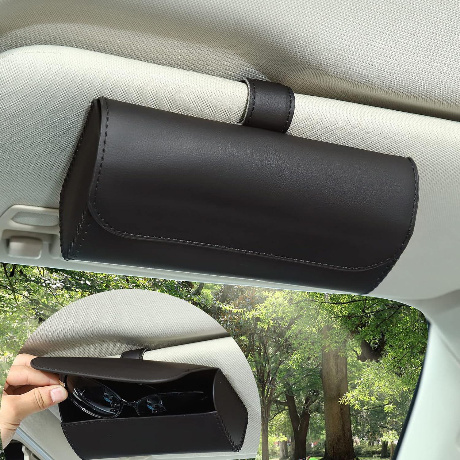 STHIRA Sunglasses Holder for Car with Magnetic Closure and PU Leather Build | Clip-On Sun Visor Organizer