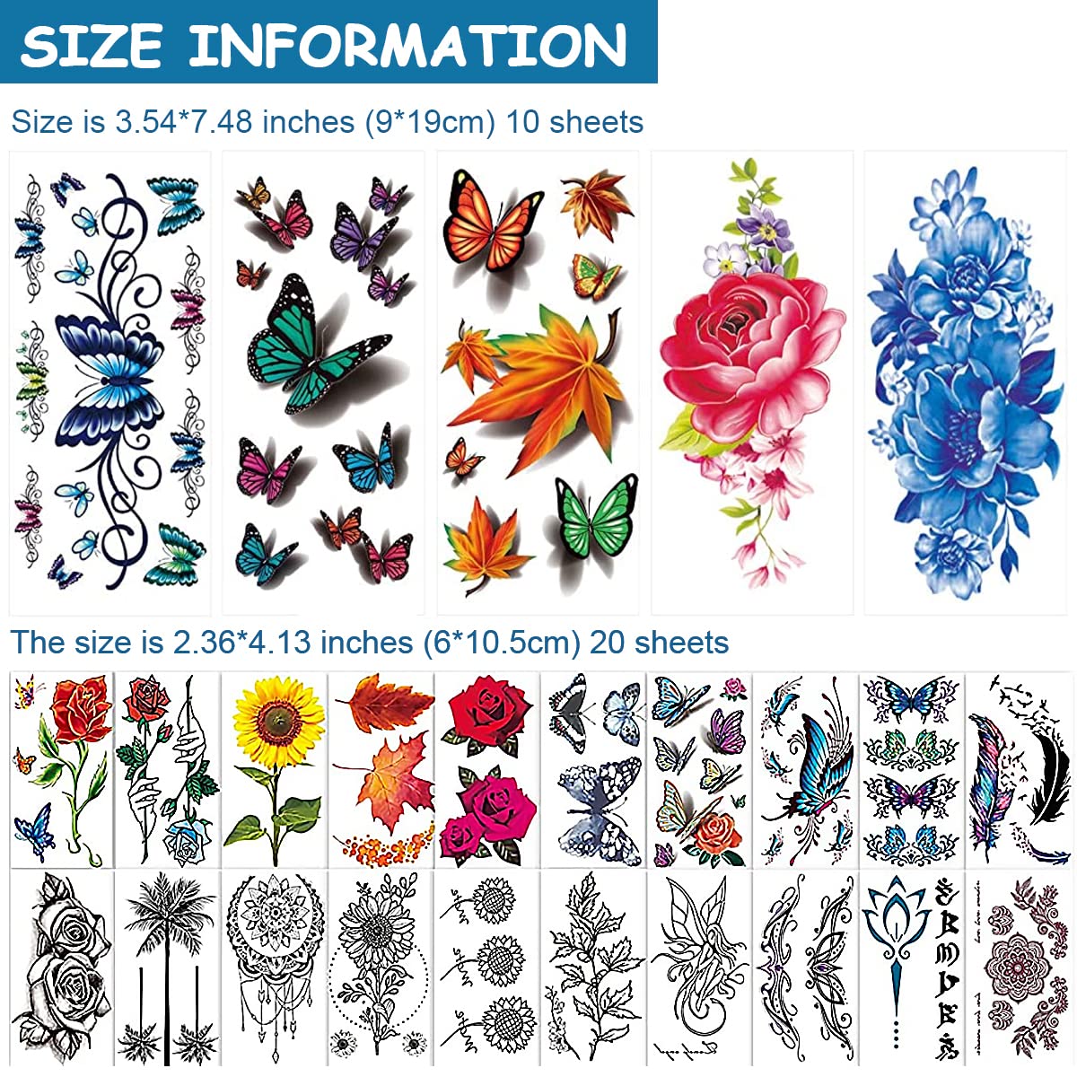 ZIBUYU® 30 Sheets Waterproof Flowers Temporary Tattoos Stickers,Roses Butterflies Assorted Tatto Sticker for Body Art Tattoos for Men