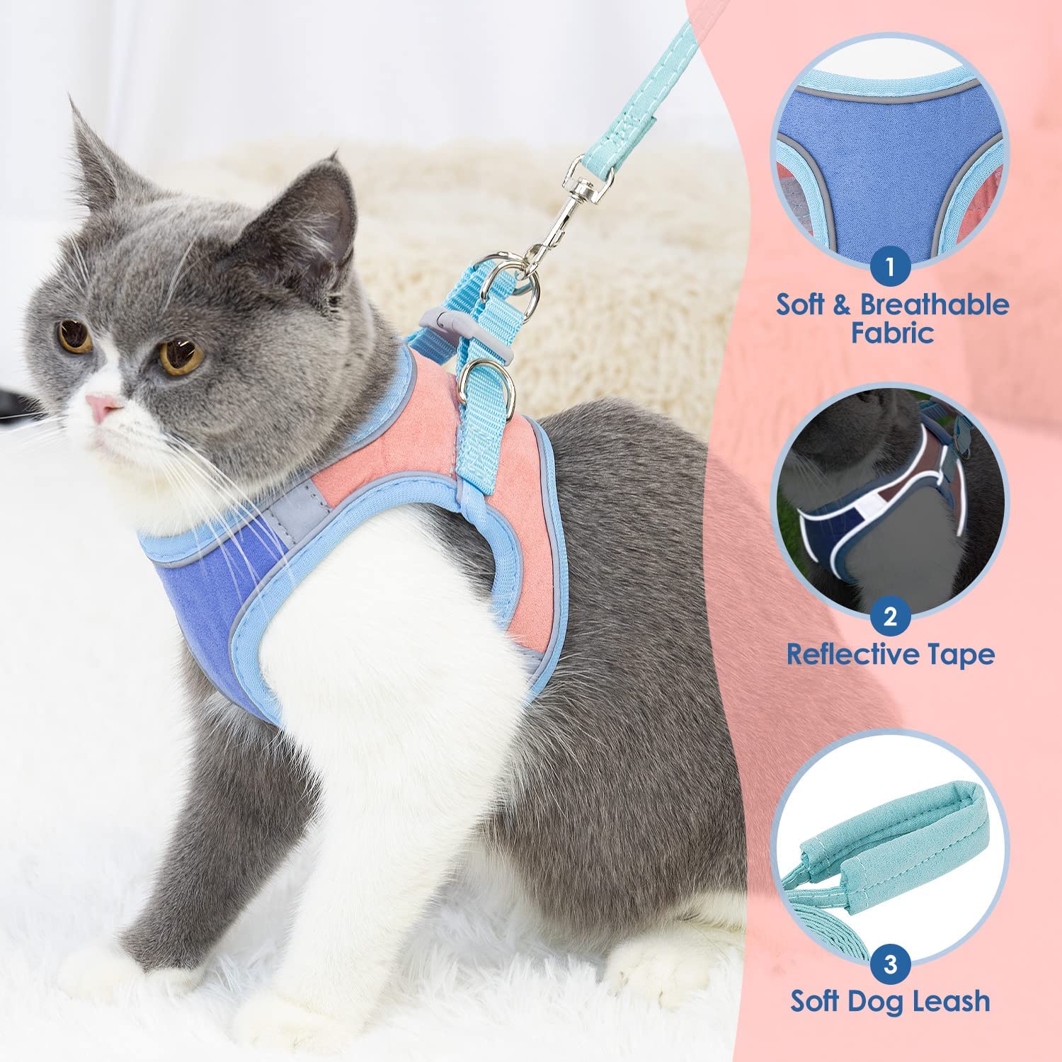 Qpets Cat Harness with Cat Leash for Walking, Adjustable Soft Sturdy Faux Suede Escape Proof Kitten Vest Harness and Leash with Reflective Strip for Large Medium Small Cat(Blue, Pink, M)