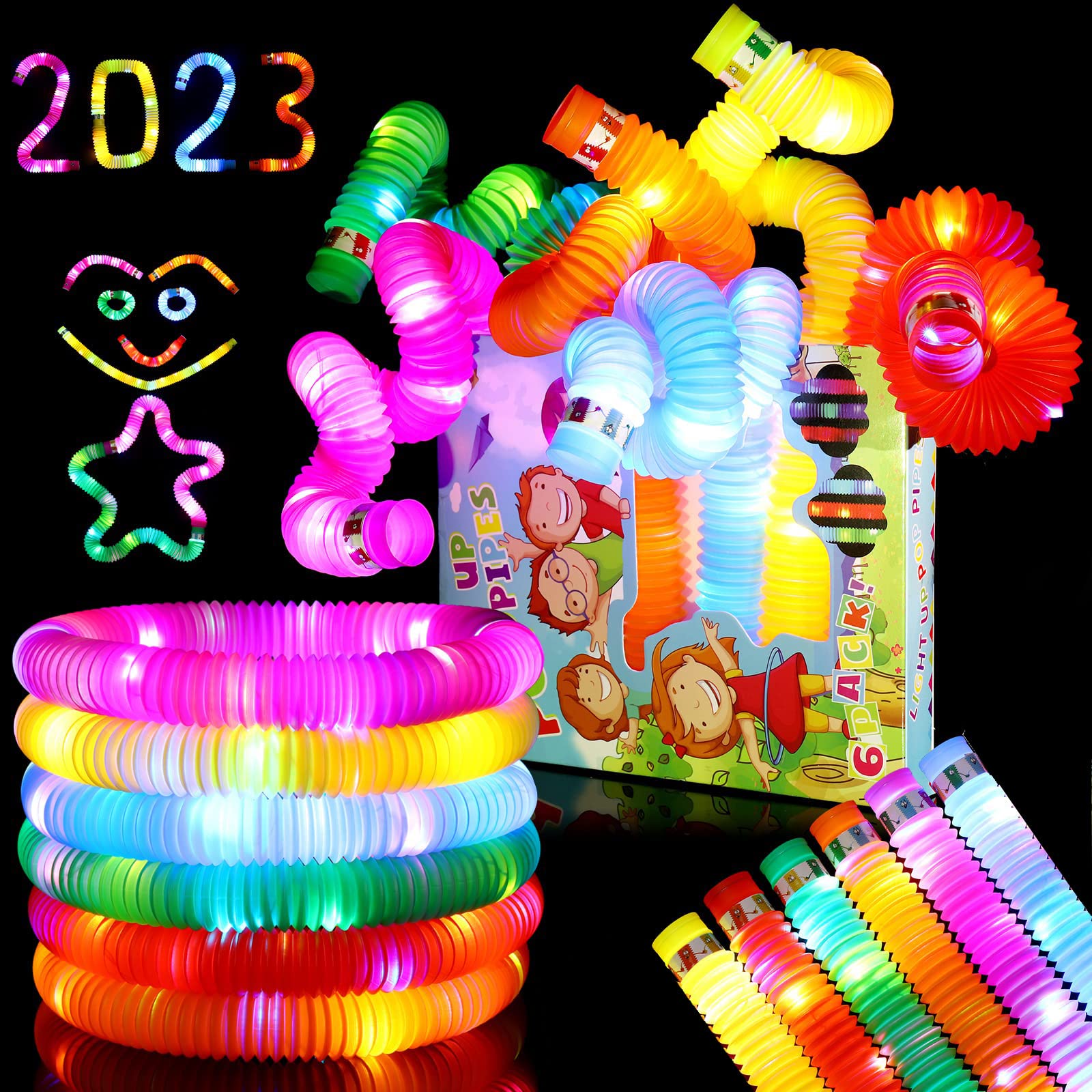 PATPAT® 6Pcs LED Flashing Pop Tube Sensory Toys for Kids, Pull and Pop Tubes Fidget Toy, Color Glow Fidget Toy Adults Stretch and Bend Anxiety Stress ADHD Autism Relief Toys, Party Favors