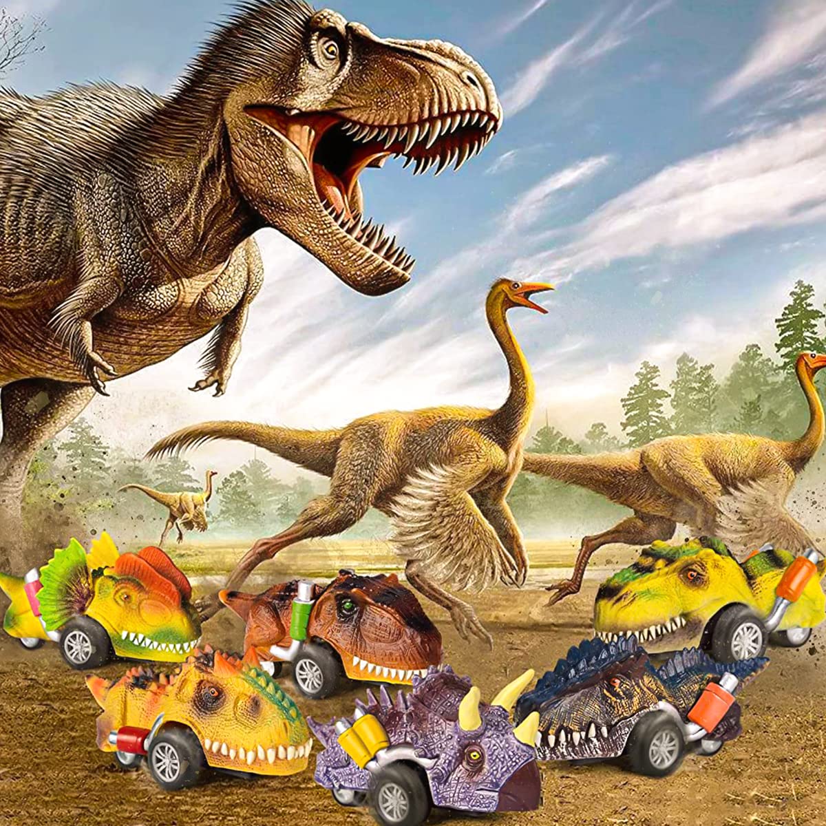 PATPAT® 6PCS Kids Dinosaur Toys Pull Back Cars, Color Dinosaur Car Toy Set, Dinosaur Car Toys for 2 3 4 5 Year Old Boys Girls, Boy Toys for 3-5 Years Old, Kids Christmas Birthday Gift