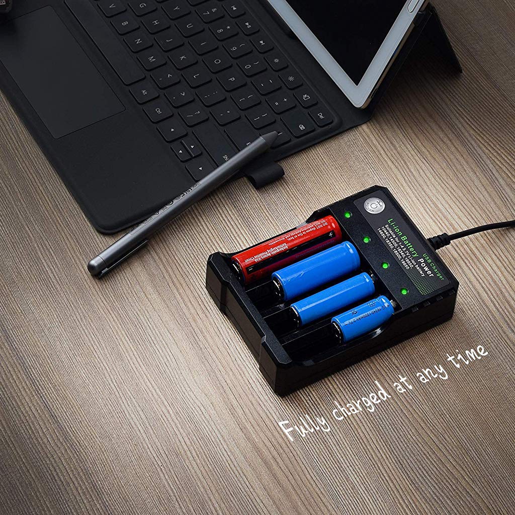 HASTHIP® 18650 Battery Charger 4 Bay Fast Charge, for 3.7V Li-ion TR IMR 10440 14500 16650 14650 18350 18500 16340(RCR123) Batteries, USB Intelligent Universal Rechargeable Battery Charger