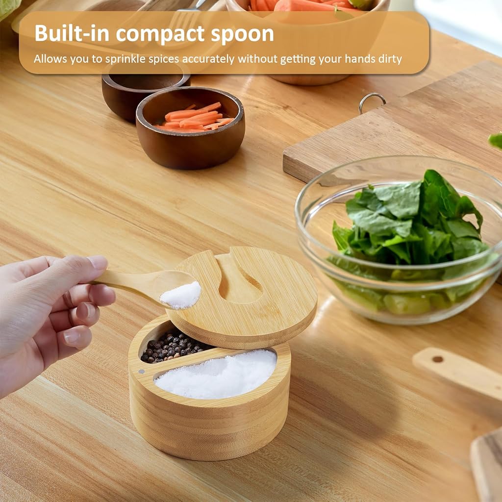 Supvox® 2-Compartment Salt Box for Salt & Spices, Bamboo Salt Cellar with Swivel Lid and Wooden Spoon, Dual 6 oz Salt Containerer