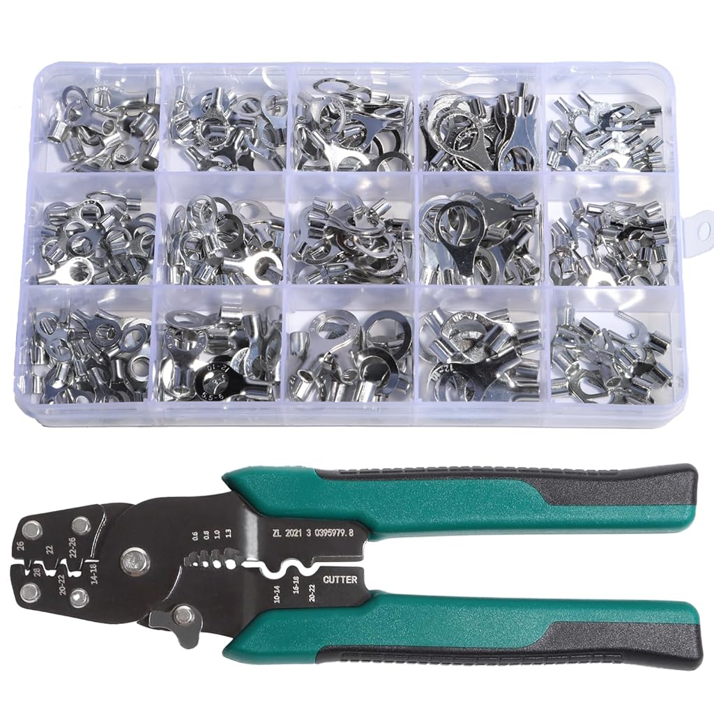 ELEPHANTBOAT® 320Pcs Wire Terminals Connectors with Electrical Crimping Tool, Non Insulated Ring Terminals & Fork Terminals Assorted Sizes Wire Terminals Universal Electric Wiring Tools