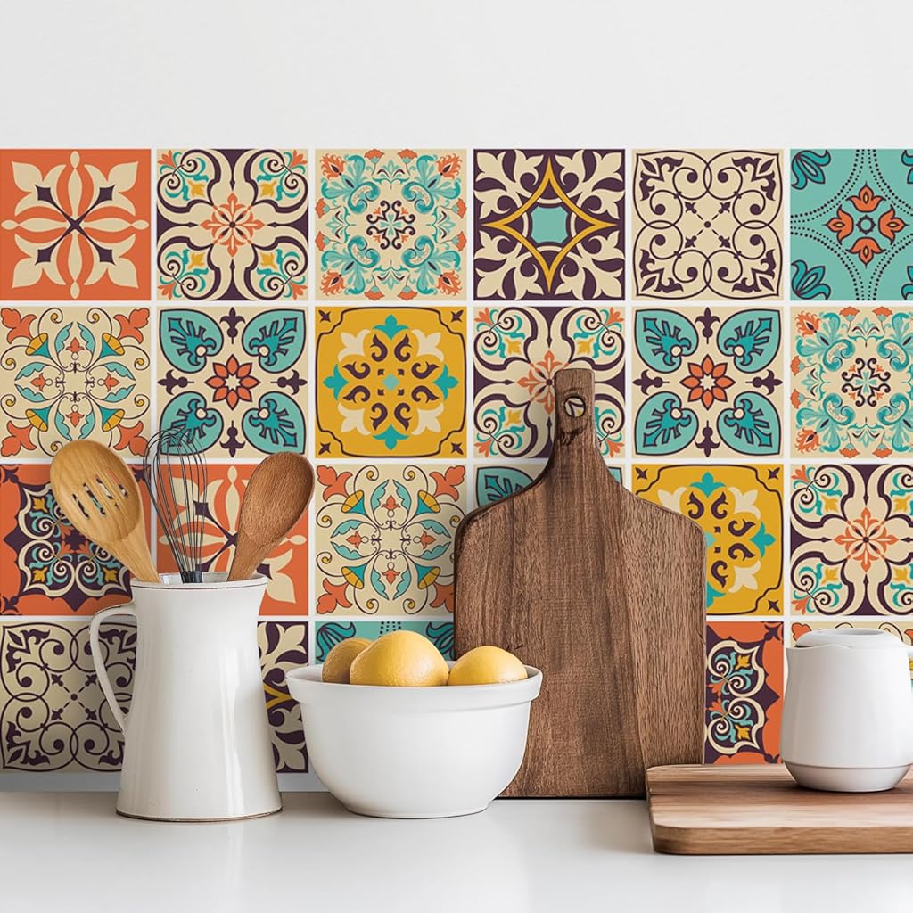 HASTHIP® 30 Pcs Vintage Moroccan Bohemian Tile Stickers - Self-Adhesive PVC Waterproof Wall Decals Kitchen Bathroom Backsplash Decor - 4x4 Inch