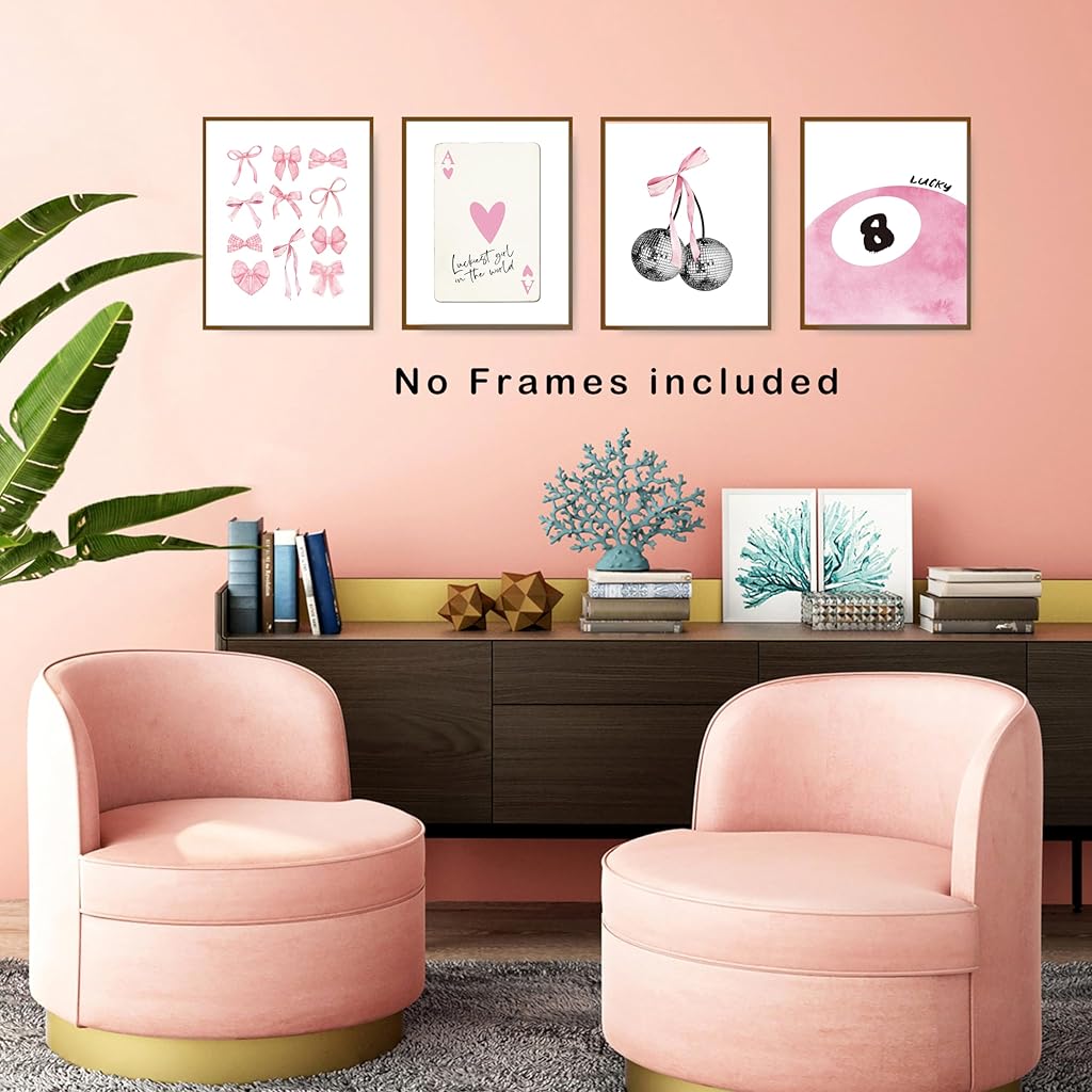 HASTHIP® Pink Coquette Trendy Preppy Wall Art Prints Set of 4,Coquette Room Decor Preppy Room Decor Aesthetic Disco 8 Ball Cherry Wall Posters for Girls Bedroom 8x10 Unframed