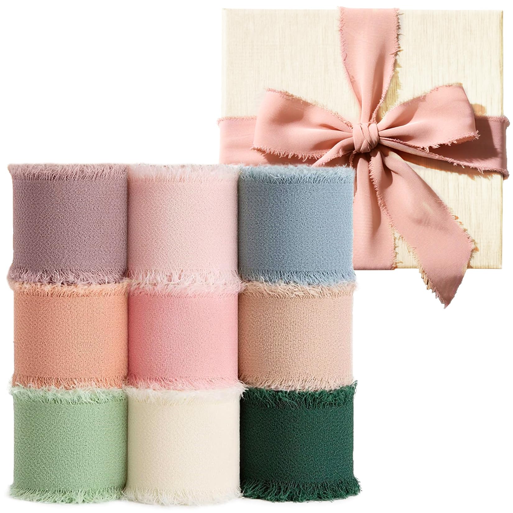 HASTHIP Chiffon Fringe Ribbons for DIY Crafts and Wedding Décor 9 Rolls 1in x 3yd Set | 9 Colors Silk-Like Fabric