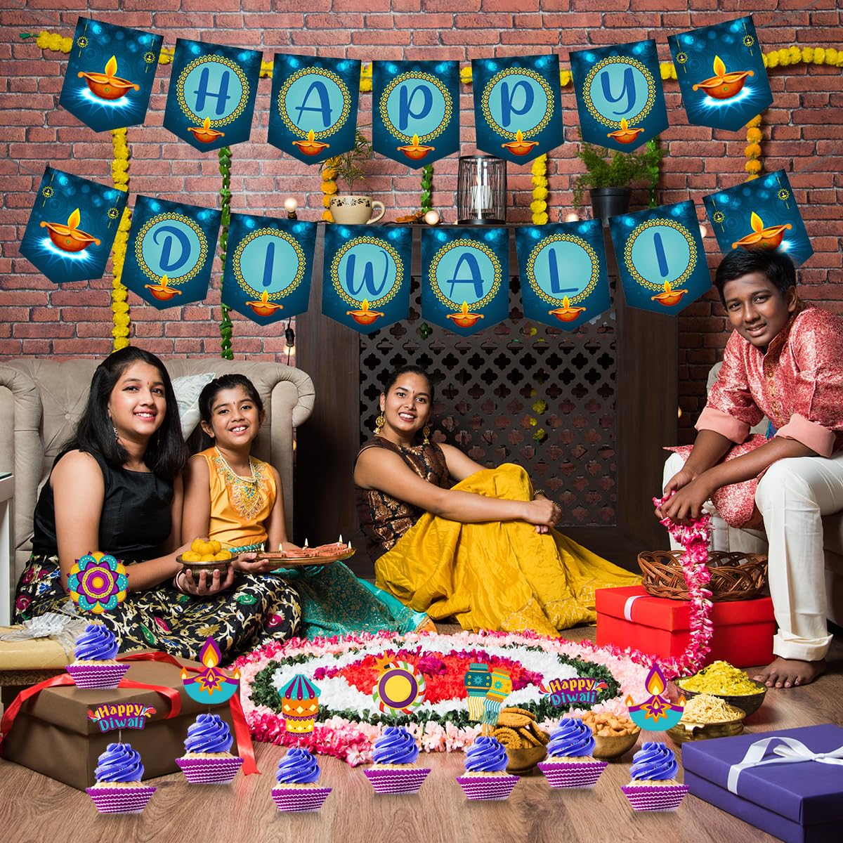 HASTHIP® Happy Diwali Banner and Diwali Decorations Hanging, Wall Decoration Bunting Banner, Cake & Cupcake Toppers, Hanging Diwali Decor for Deepavali Diwali Festival Themed Light Party Decor Favor